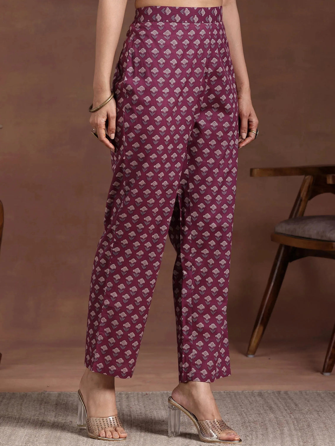 Mameraa Wine Printed Cotton Straight Kurta Set
