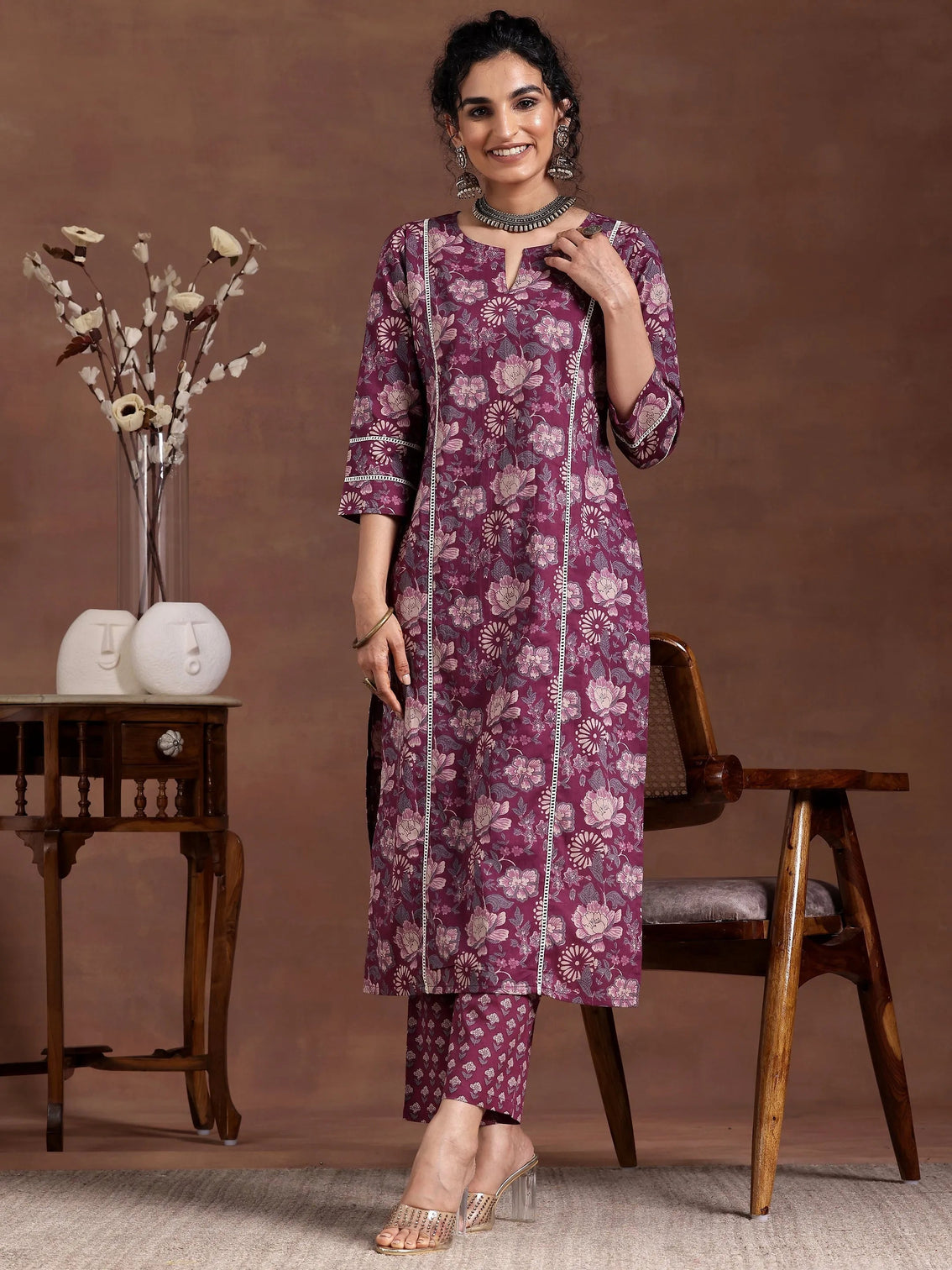 Mameraa Wine Printed Cotton Straight Kurta Set