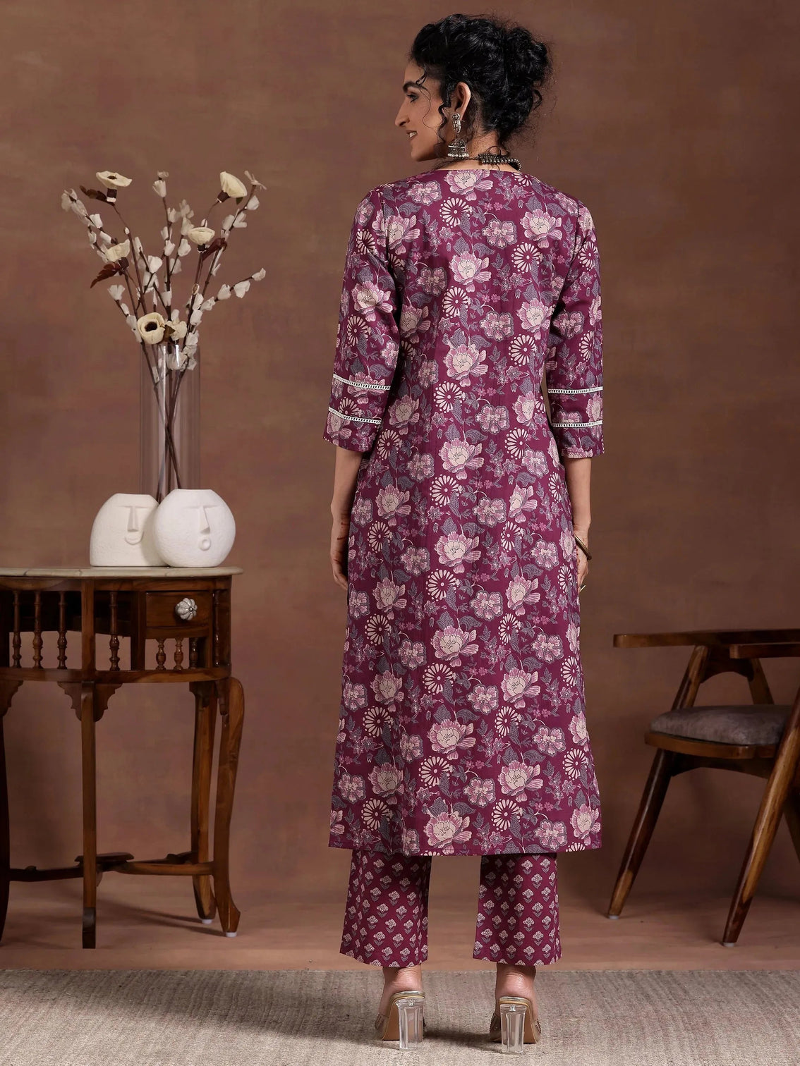 Mameraa Wine Printed Cotton Straight Kurta Set