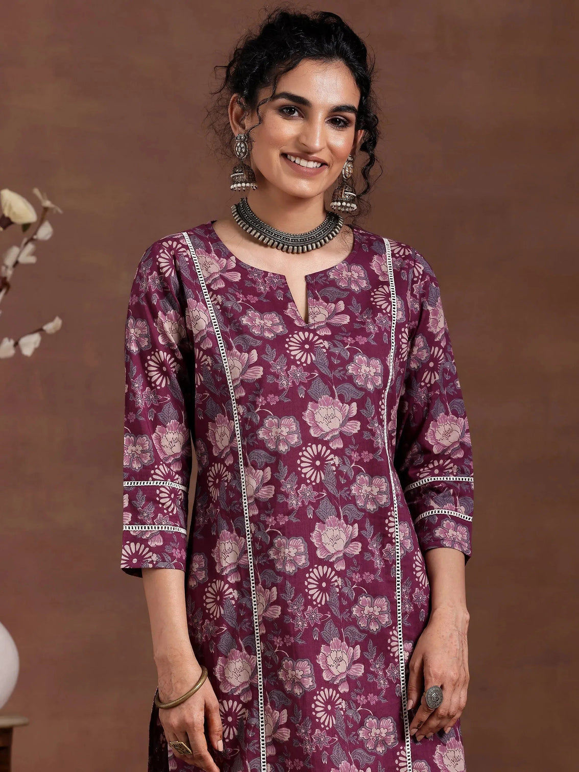 Mameraa Wine Printed Cotton Straight Kurta Set