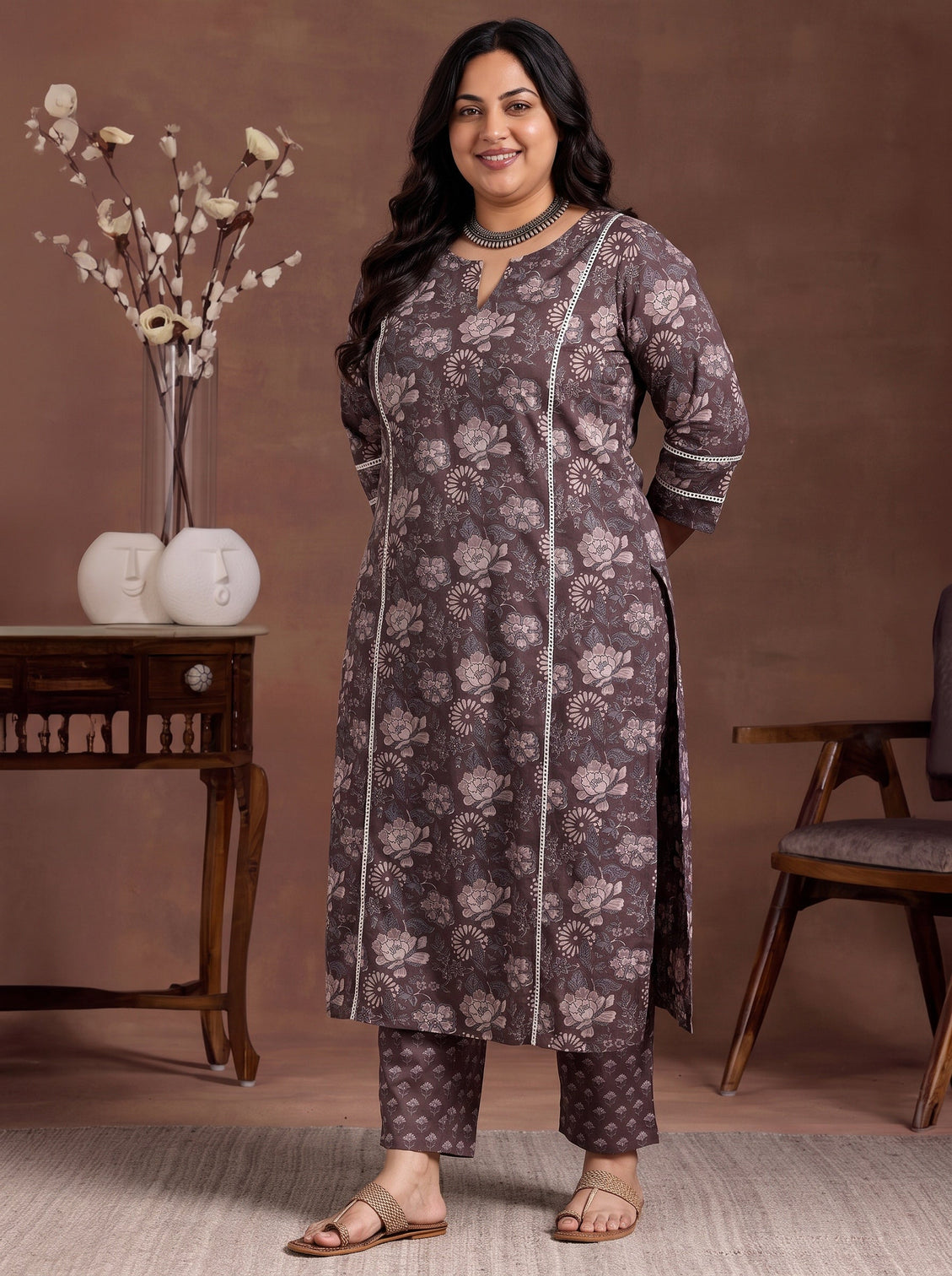 Plus Size Brown Printed Cotton Straight Kurta Set