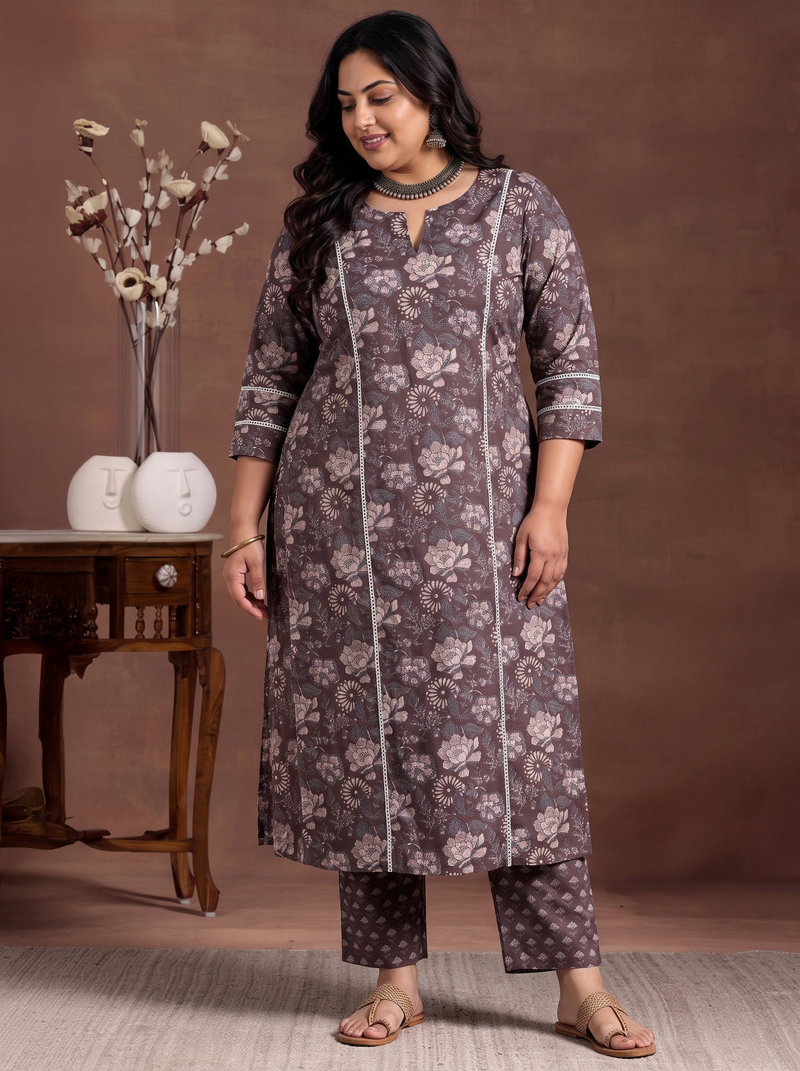 Plus Size Brown Printed Cotton Straight Kurta Set
