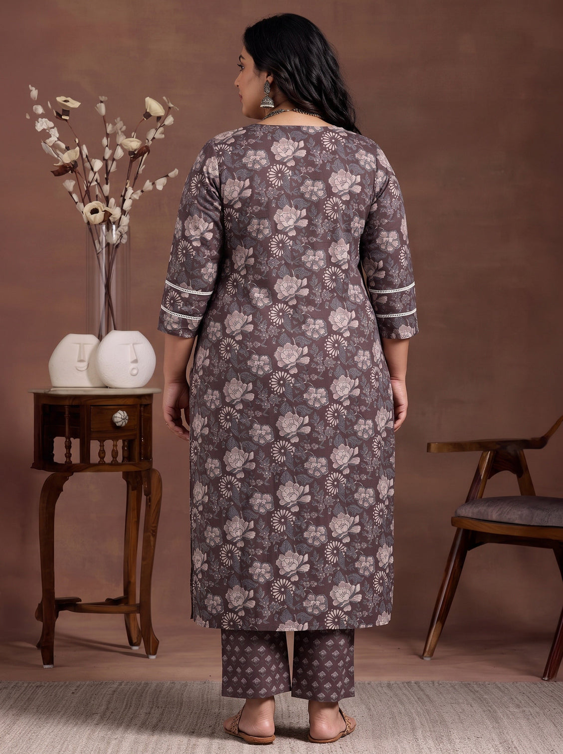 Plus Size Brown Printed Cotton Straight Kurta Set