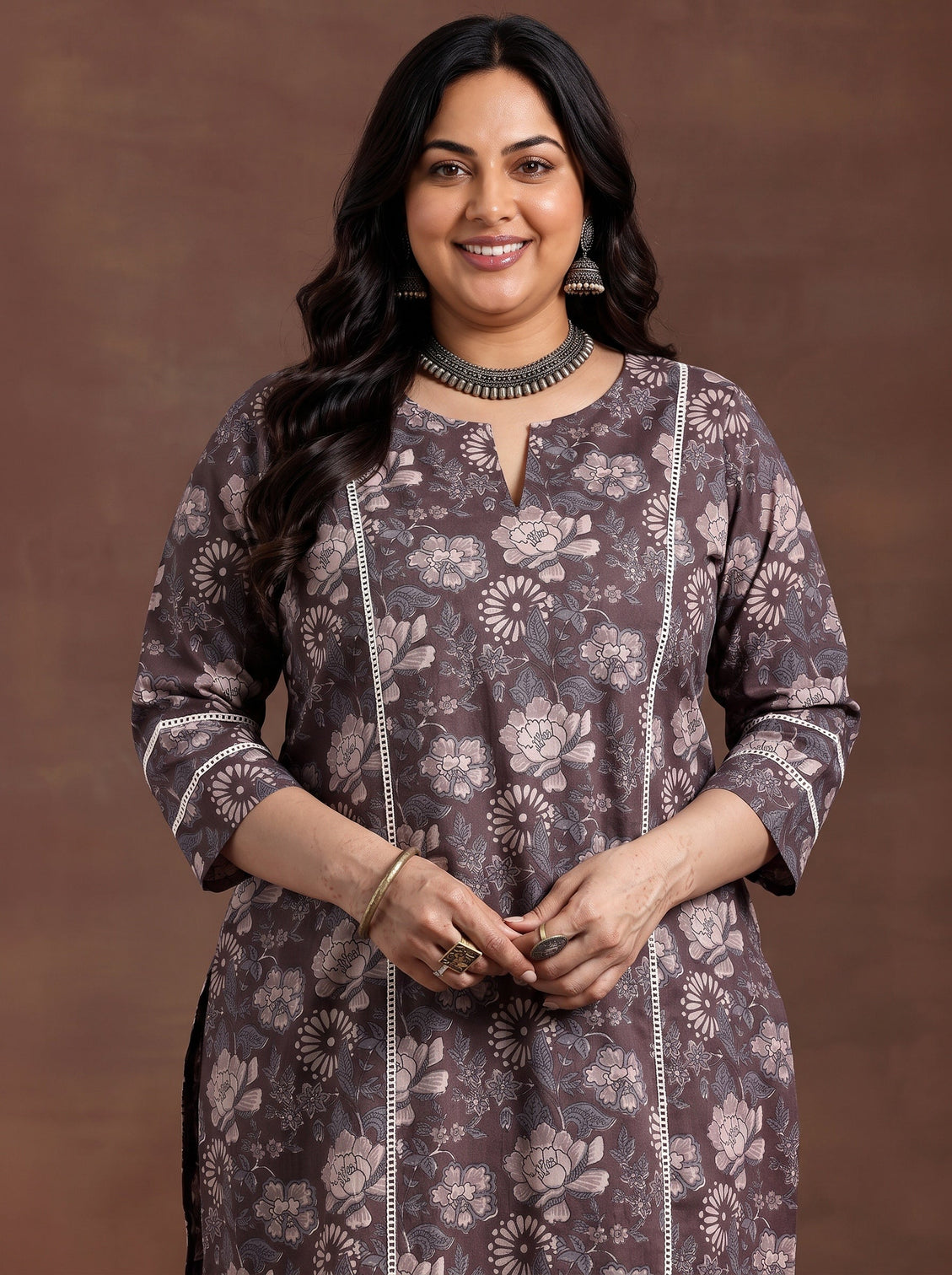 Plus Size Brown Printed Cotton Straight Kurta Set