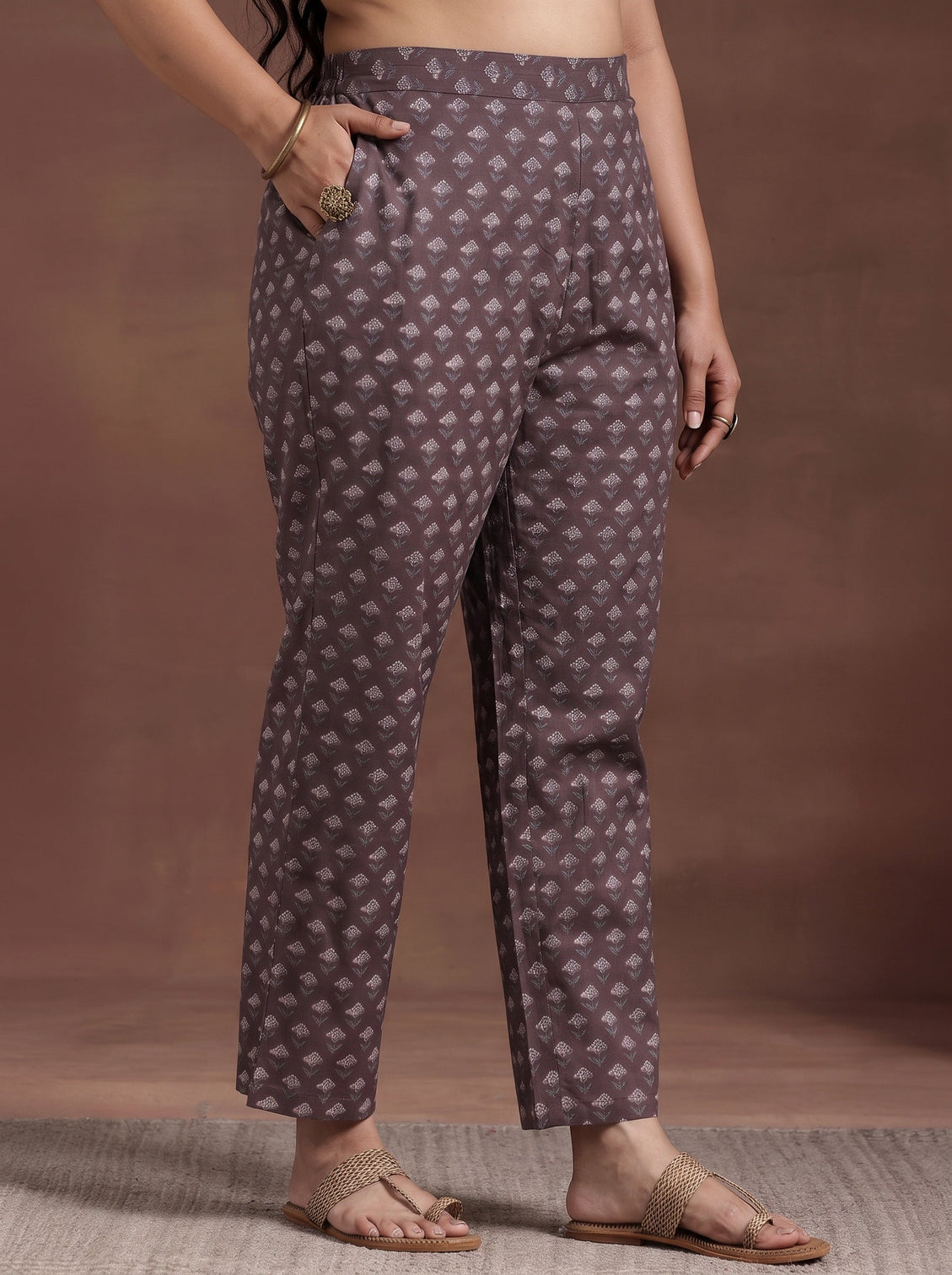 Plus Size Brown Printed Cotton Straight Kurta Set
