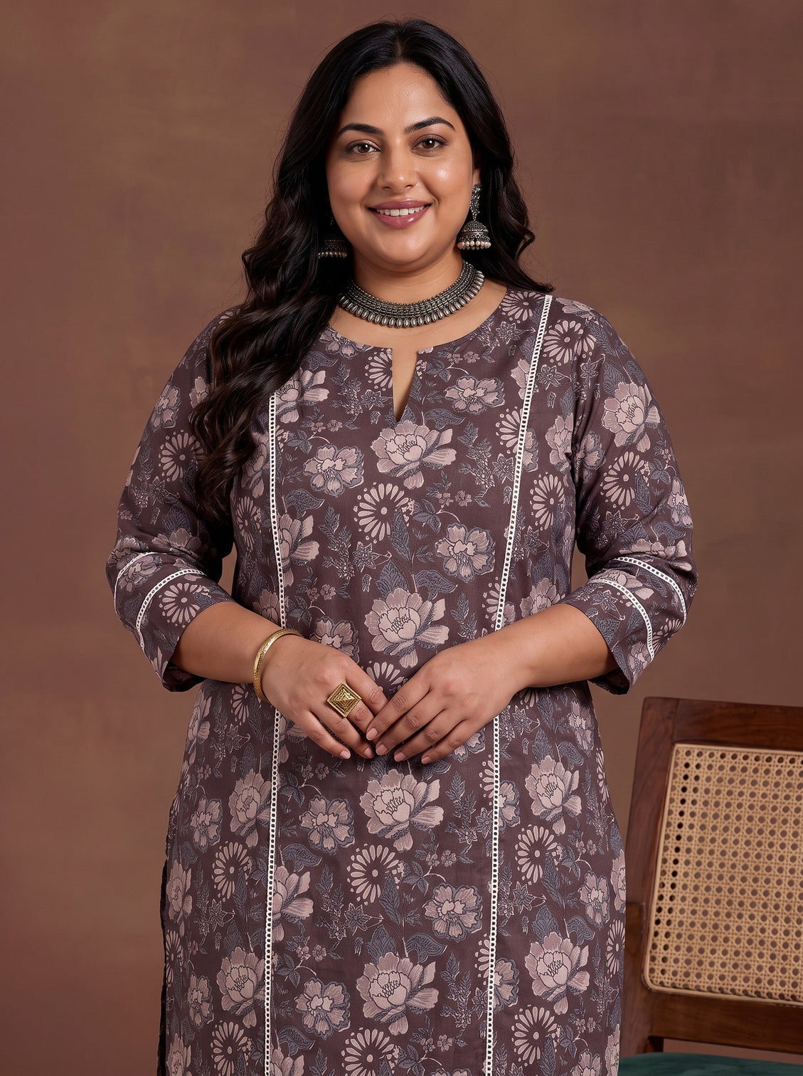 Plus Size Brown Printed Cotton Straight Kurta Set