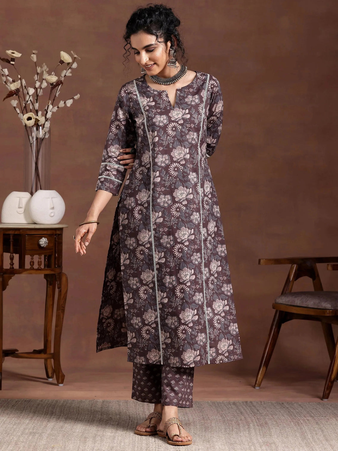 Mameraa Brown Printed Cotton Straight Kurta Set