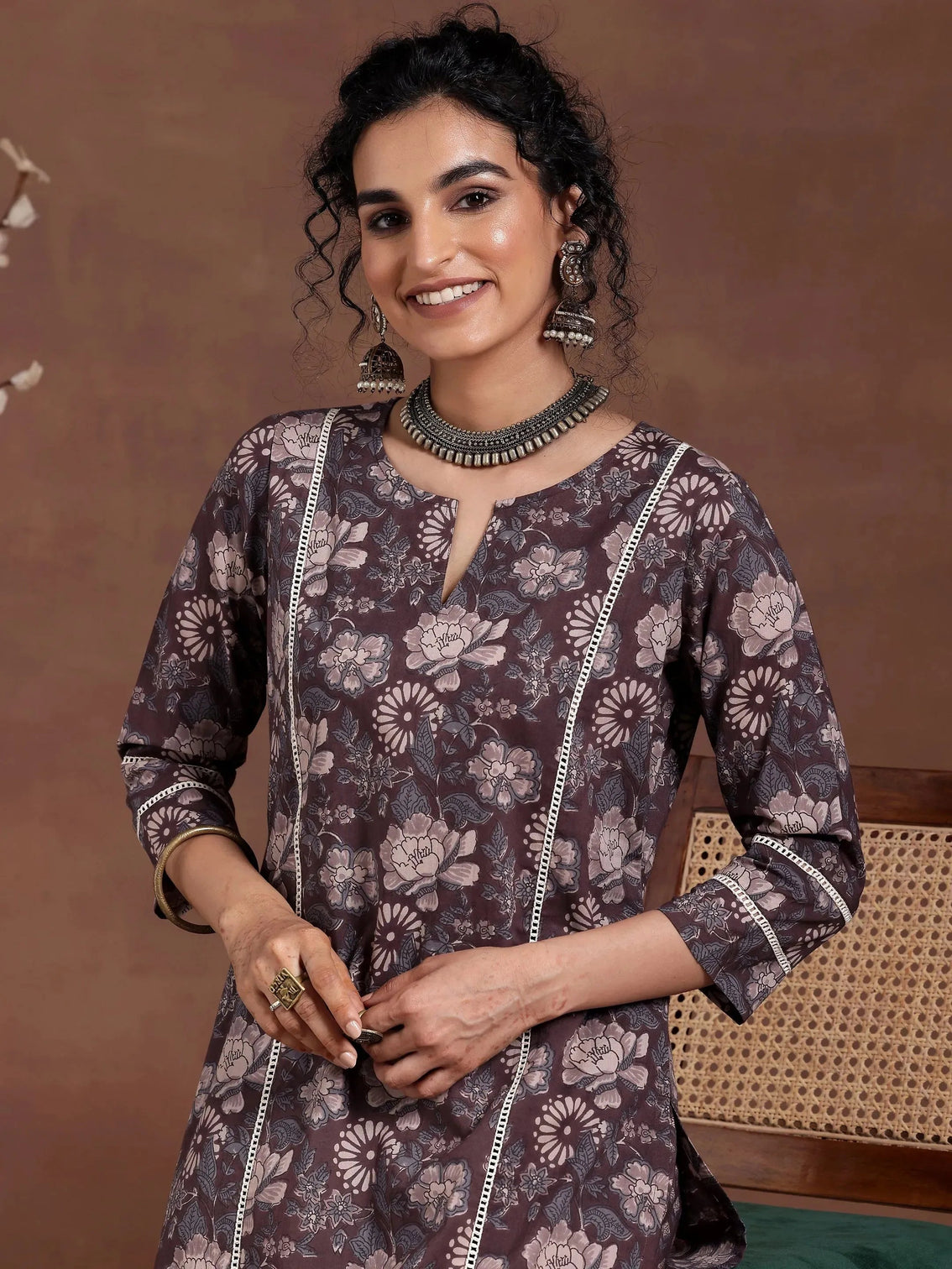 Mameraa Brown Printed Cotton Straight Kurta Set