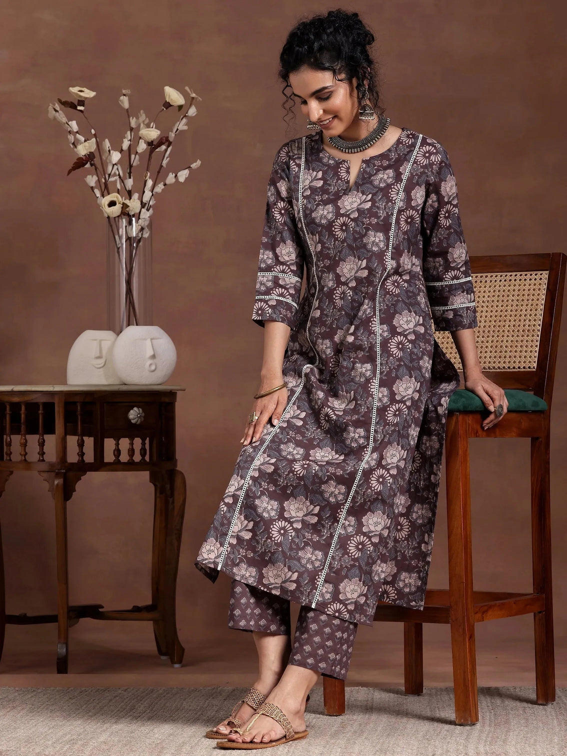 Mameraa Brown Printed Cotton Straight Kurta Set
