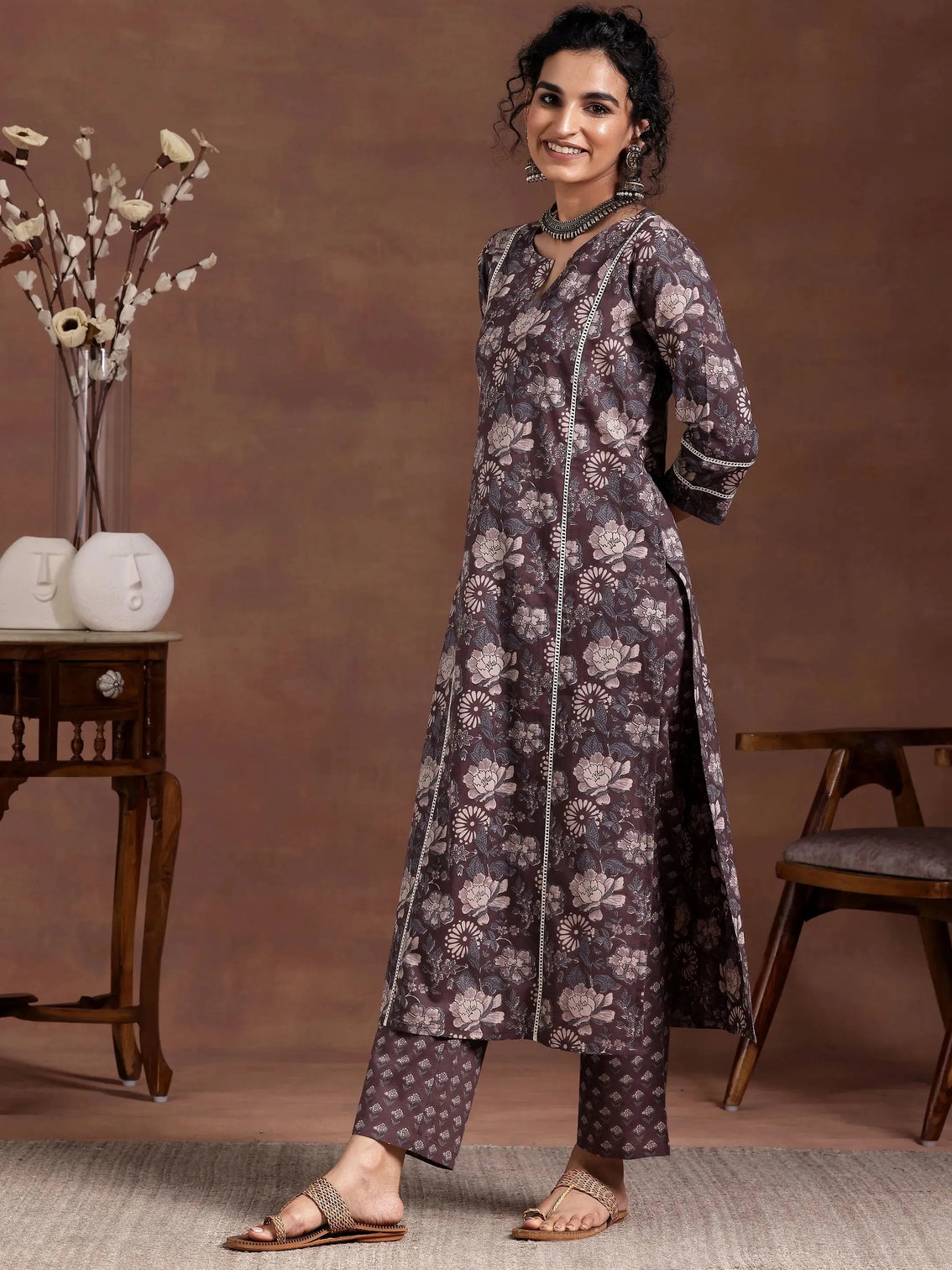 Mameraa Brown Printed Cotton Straight Kurta Set