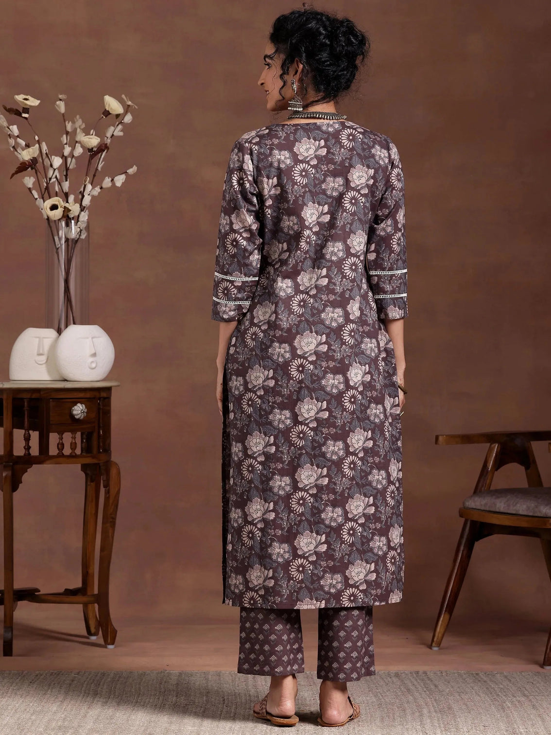 Mameraa Brown Printed Cotton Straight Kurta Set