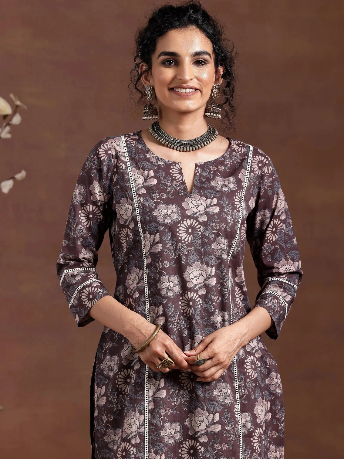 Mameraa Brown Printed Cotton Straight Kurta Set