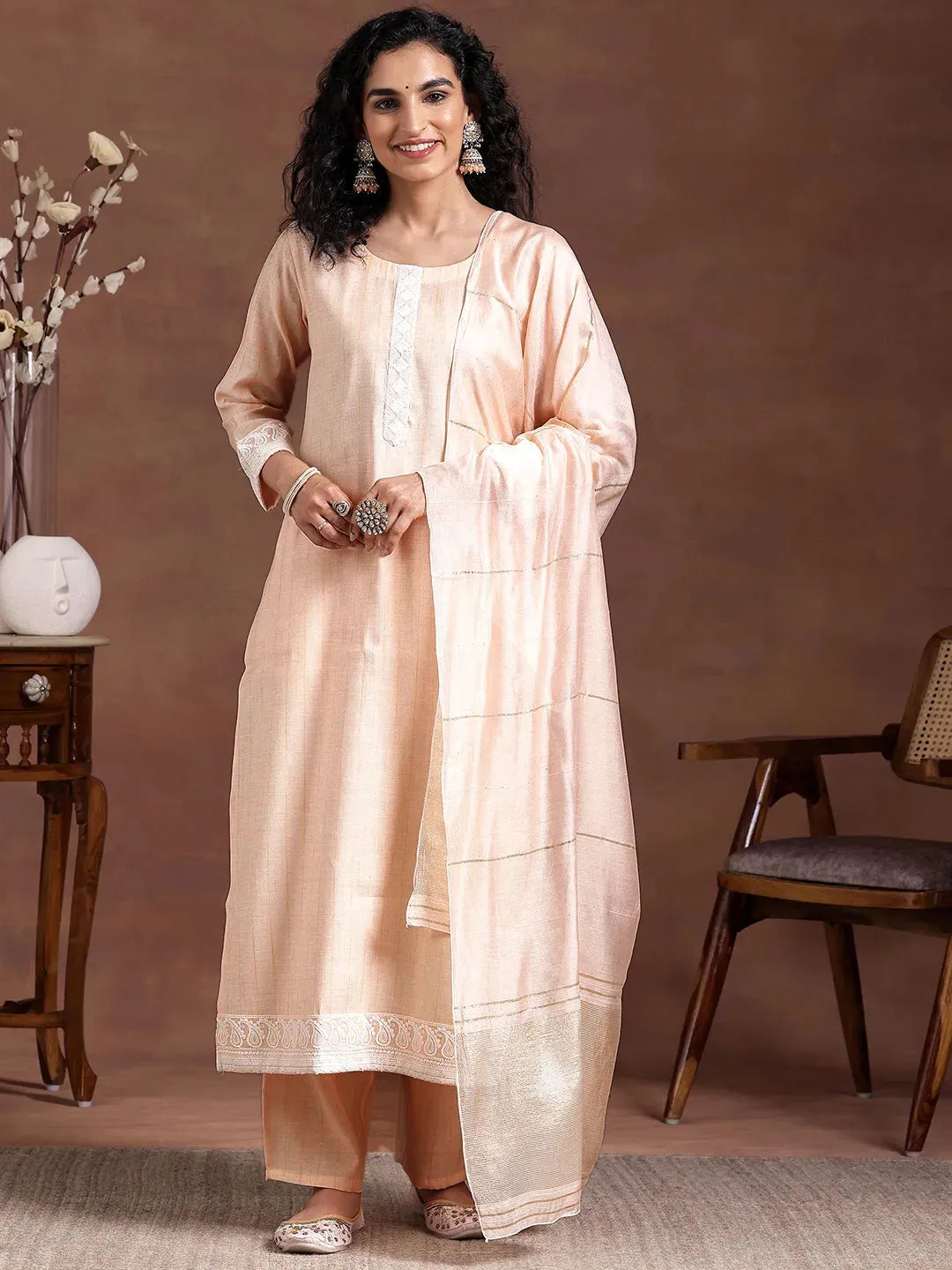 Libas Peach Embroidered Cotton Blend Straight Suit With Dupatta