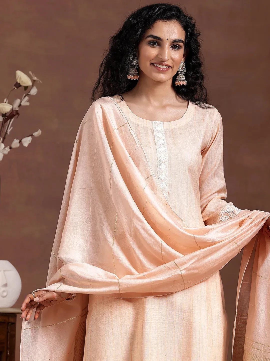 Libas Peach Embroidered Cotton Blend Straight Suit With Dupatta