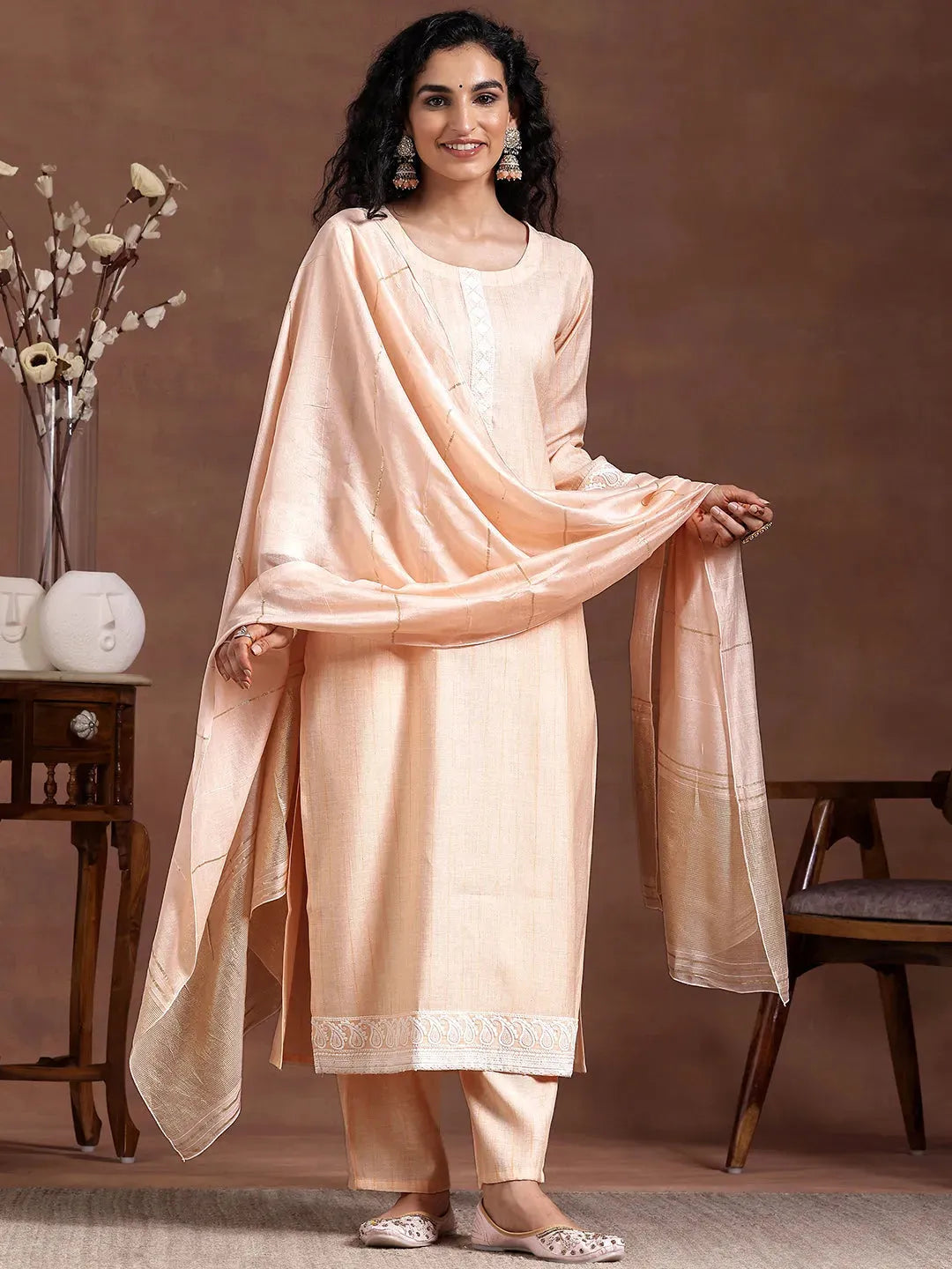 Libas Peach Embroidered Cotton Blend Straight Suit With Dupatta