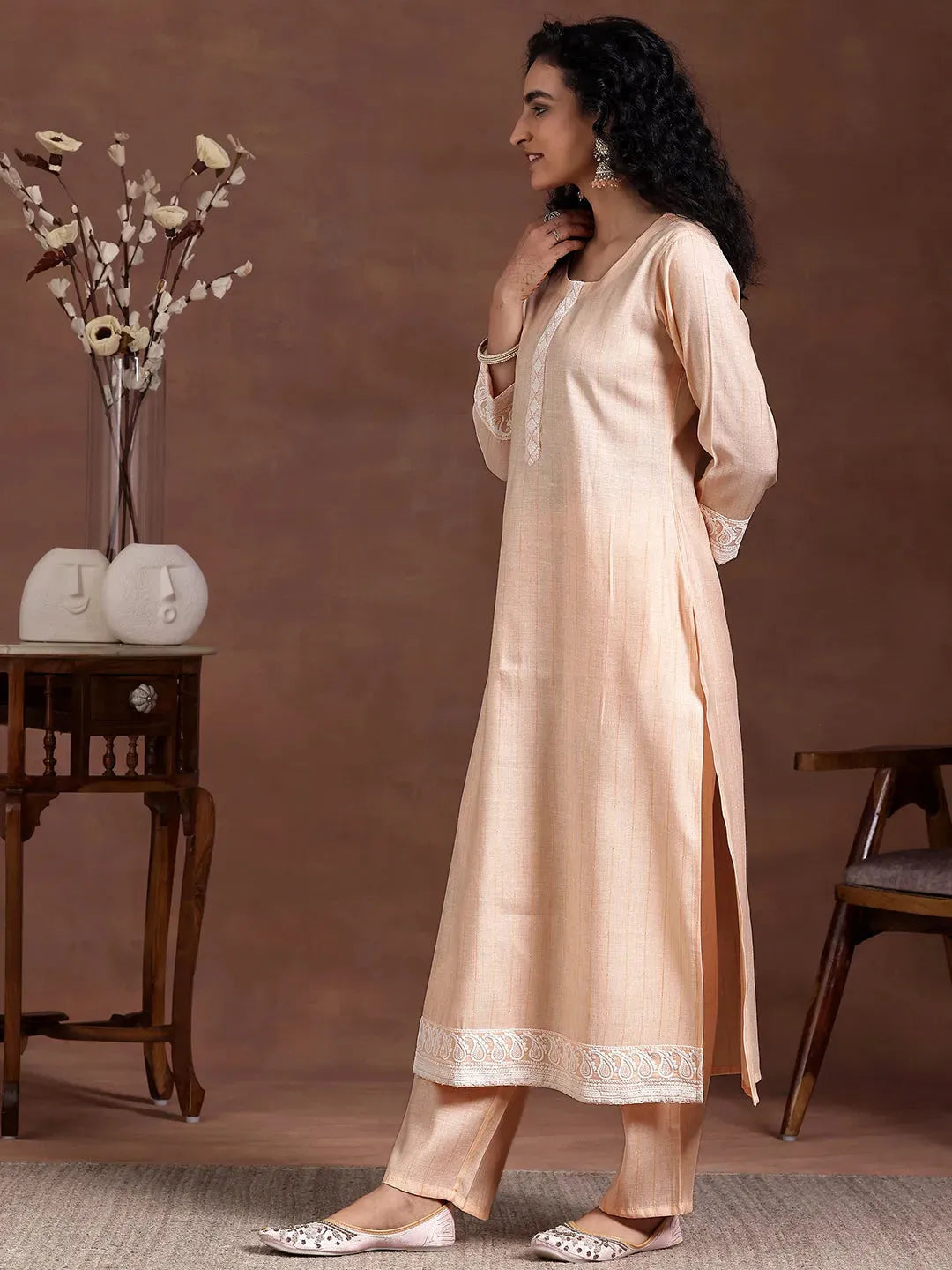 Libas Peach Embroidered Cotton Blend Straight Suit With Dupatta