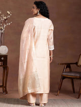 Libas Peach Embroidered Cotton Blend Straight Suit With Dupatta