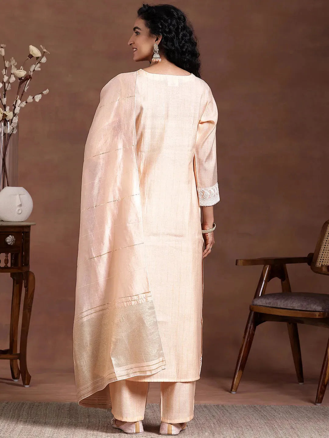 Libas Peach Embroidered Cotton Blend Straight Suit With Dupatta