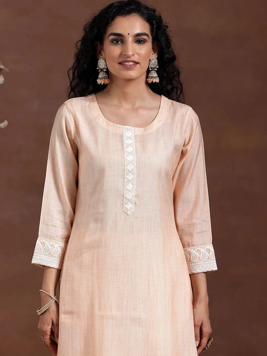 Libas Peach Embroidered Cotton Blend Straight Suit With Dupatta