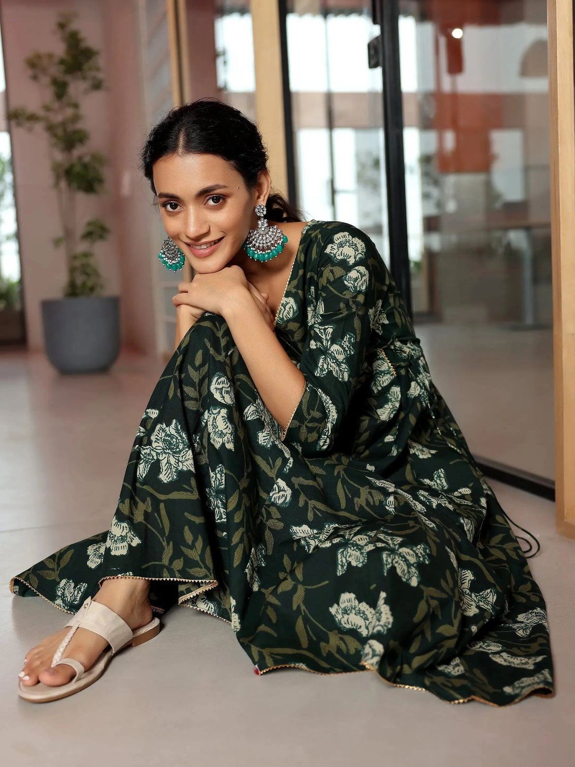 Mameraa Green Printed Cotton Anarkali Kurta Set