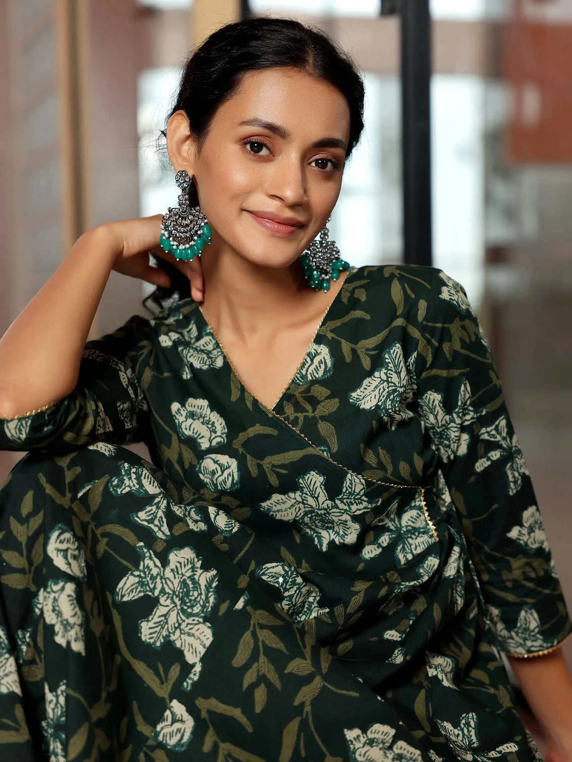 Mameraa Green Printed Cotton Anarkali Kurta Set