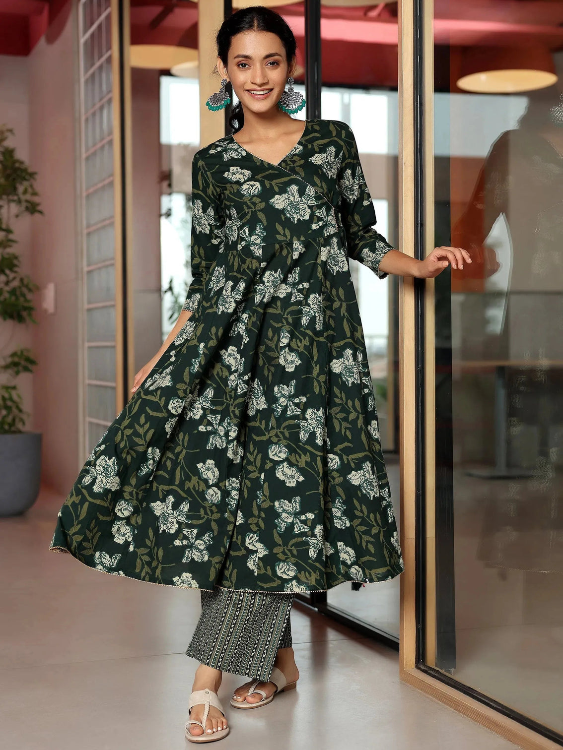 Mameraa Green Printed Cotton Anarkali Kurta Set