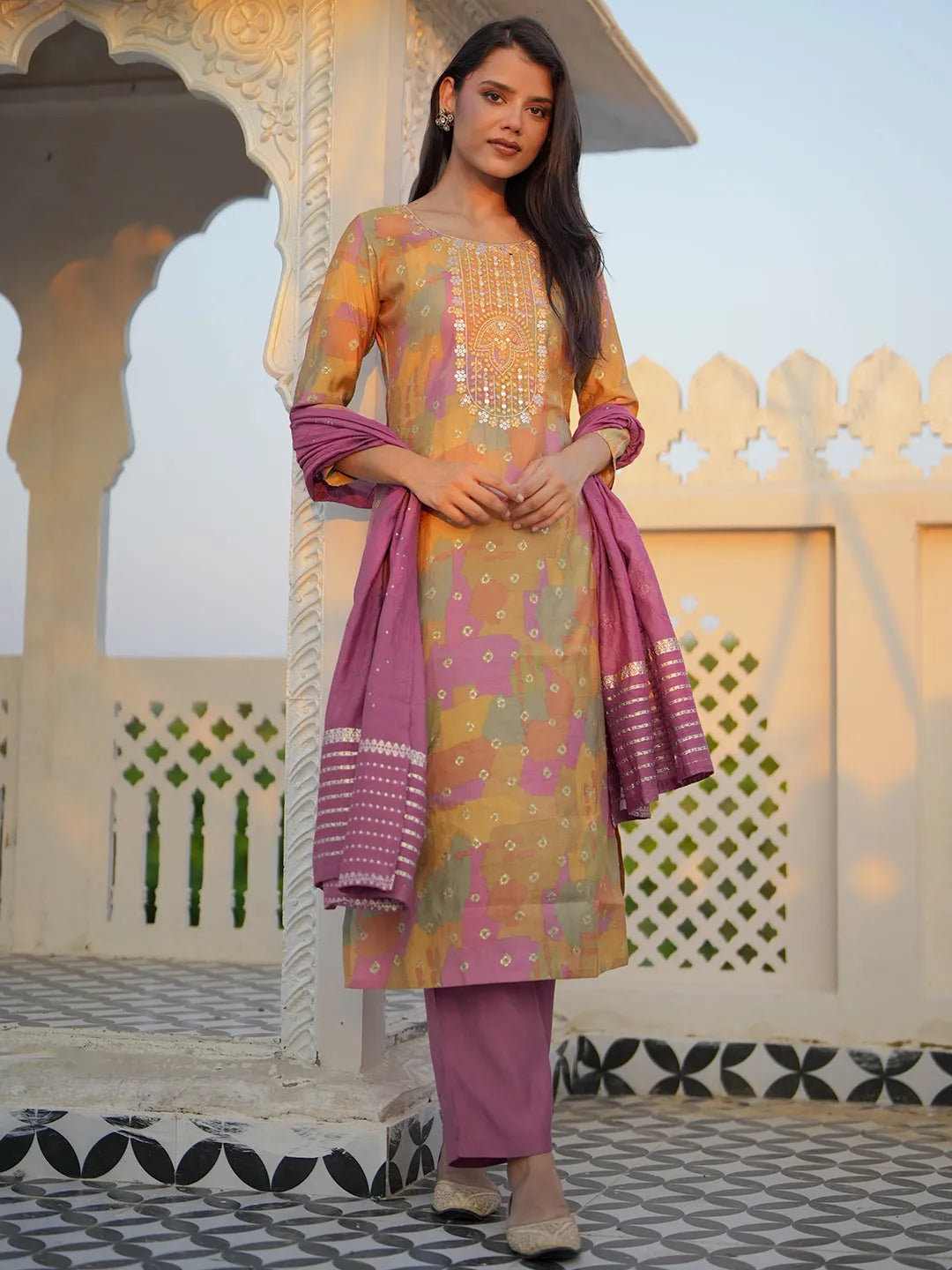 Mameraa Multicoloured Printed Silk Blend Straight Suit With Dupatta