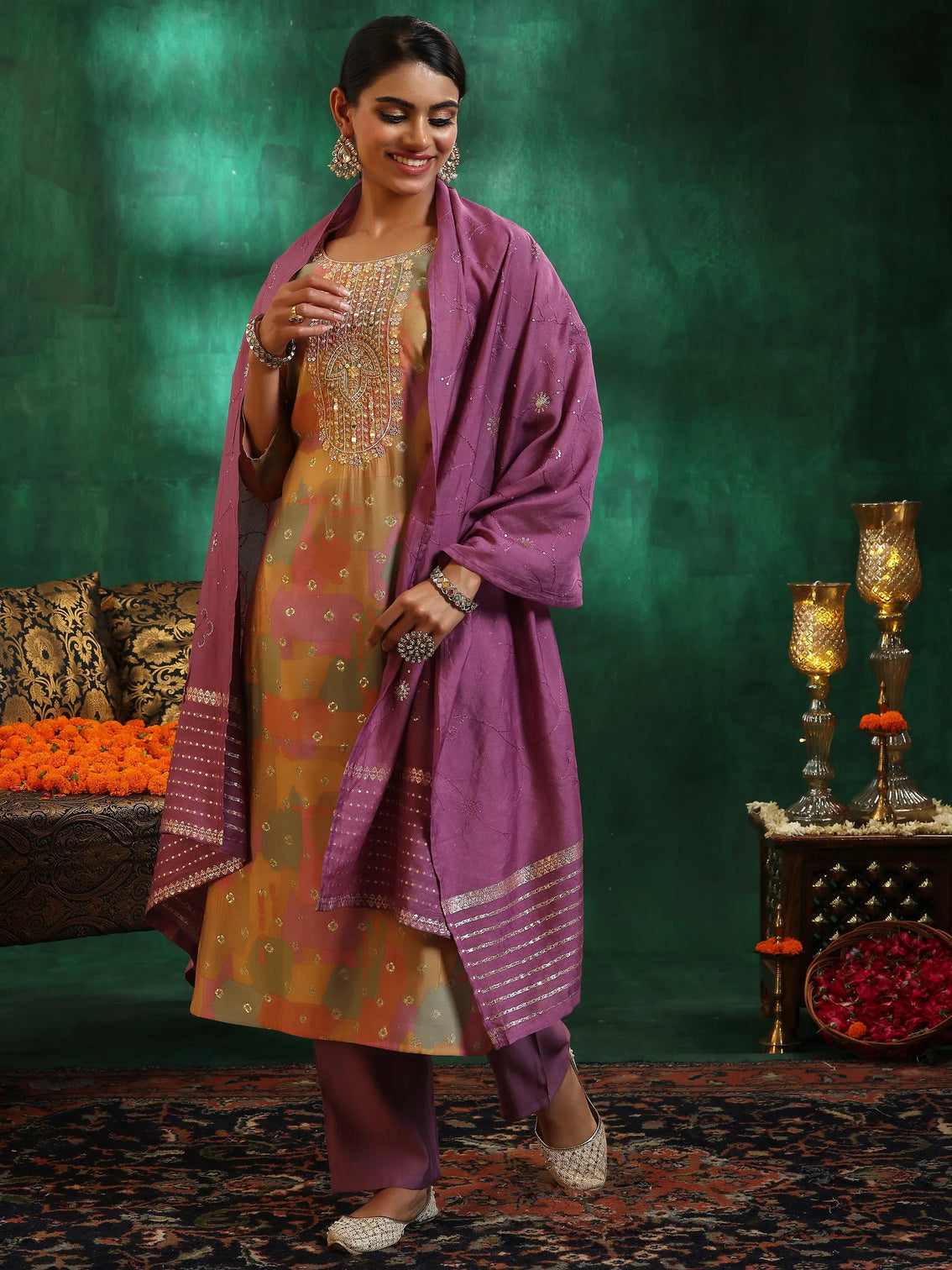 Mameraa Multicoloured Printed Silk Blend Straight Suit With Dupatta