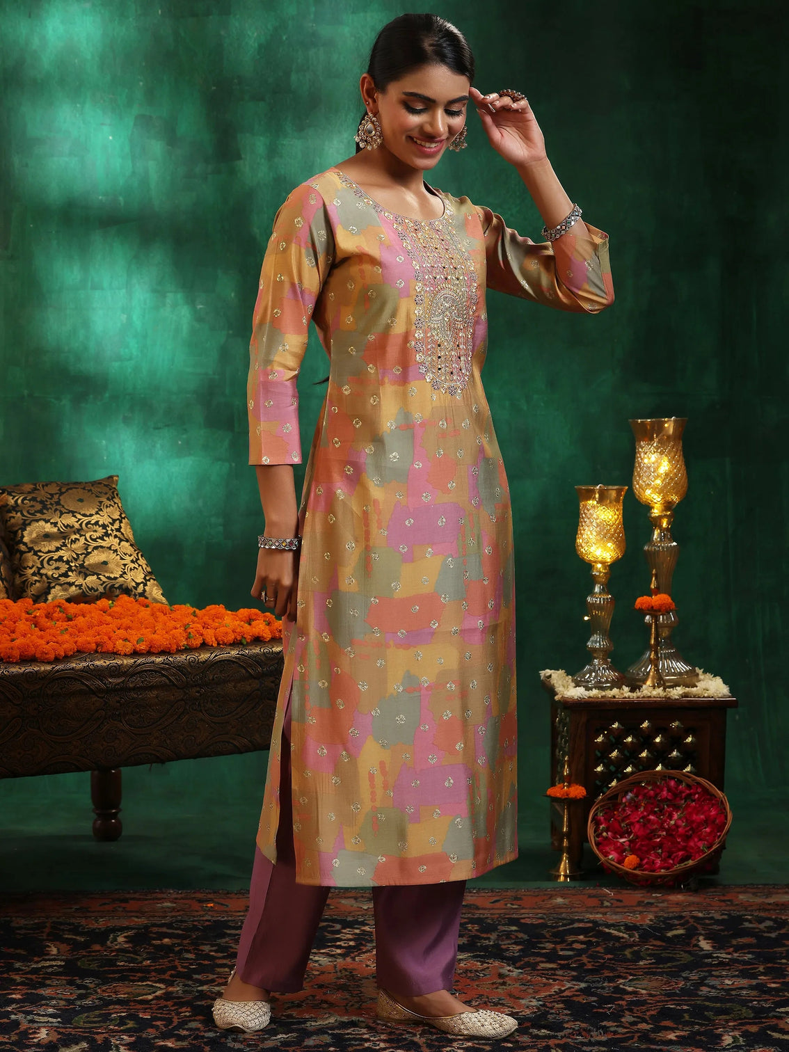 Mameraa Multicoloured Printed Silk Blend Straight Suit With Dupatta