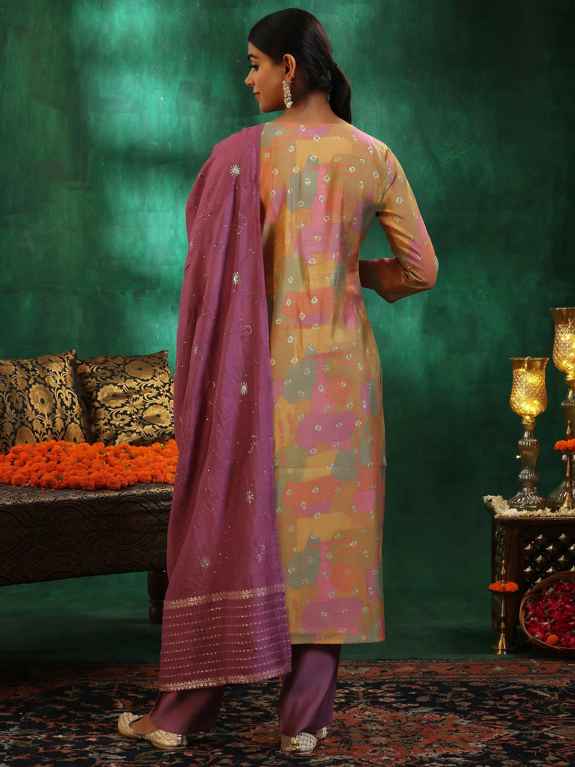 Mameraa Multicoloured Printed Silk Blend Straight Suit With Dupatta