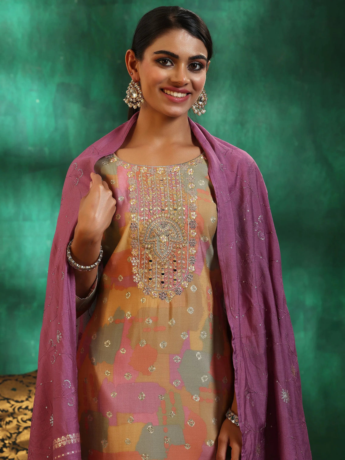 Mameraa Multicoloured Printed Silk Blend Straight Suit With Dupatta