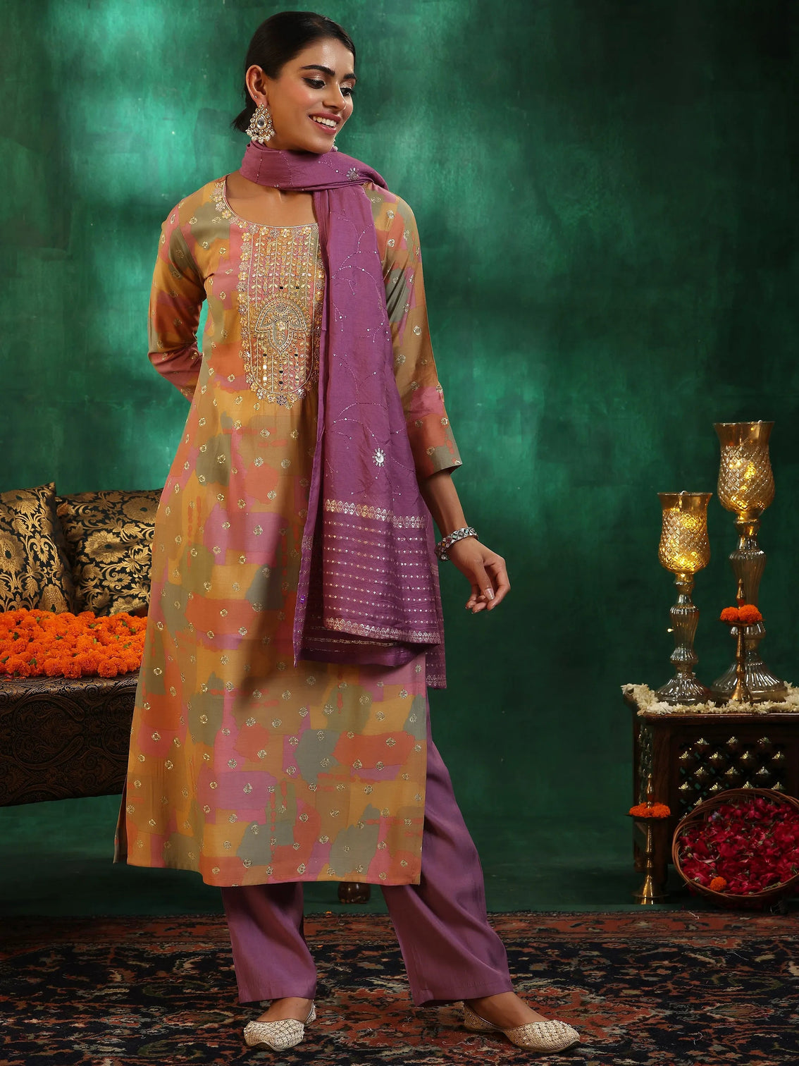Mameraa Multicoloured Printed Silk Blend Straight Suit With Dupatta
