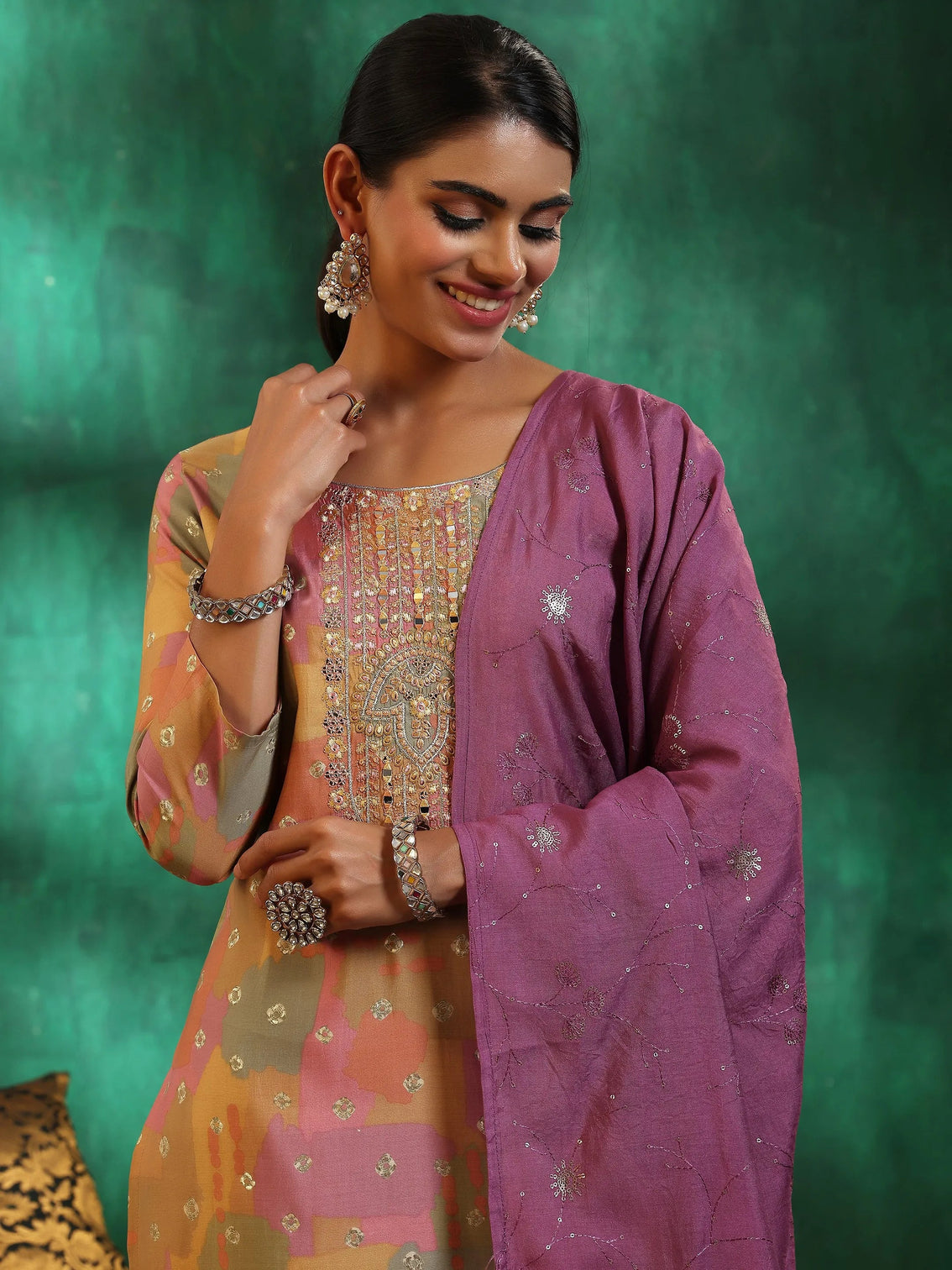 Mameraa Multicoloured Printed Silk Blend Straight Suit With Dupatta