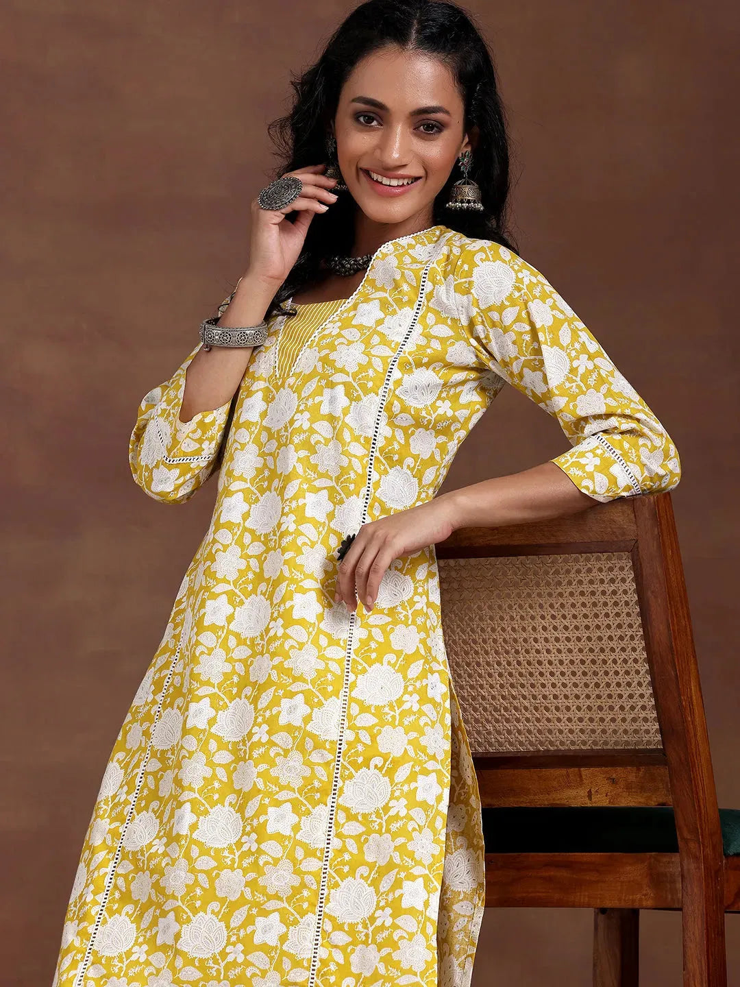 Mameraa Yellow Printed Cotton Straight Kurta Set