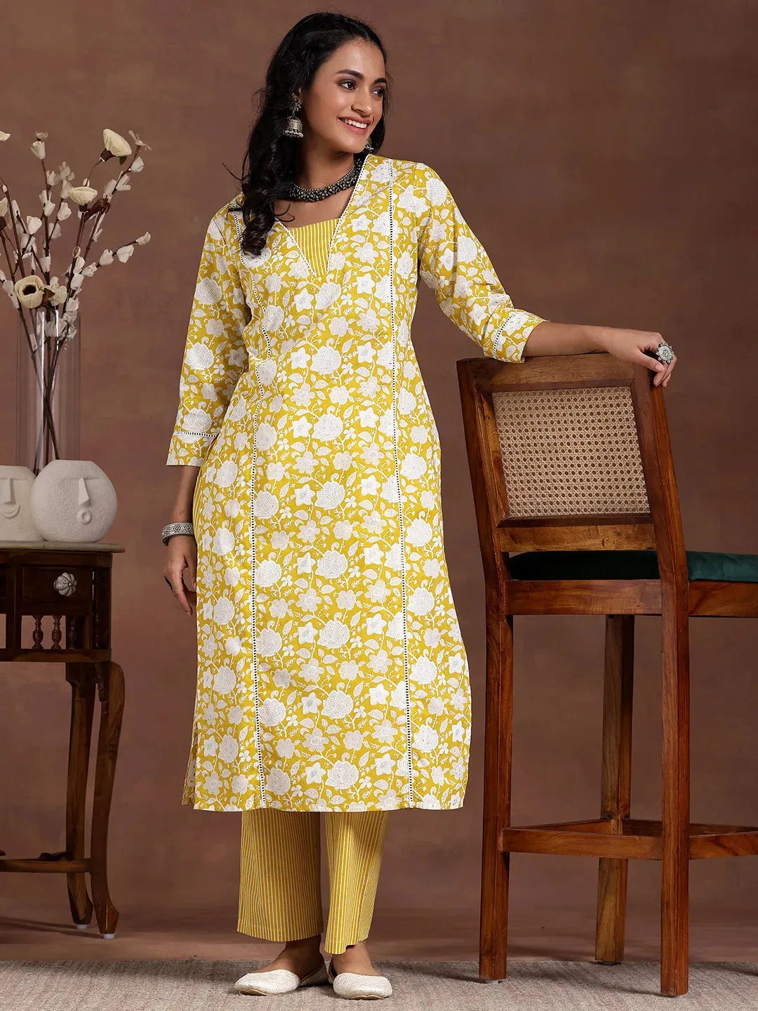 Mameraa Yellow Printed Cotton Straight Kurta Set