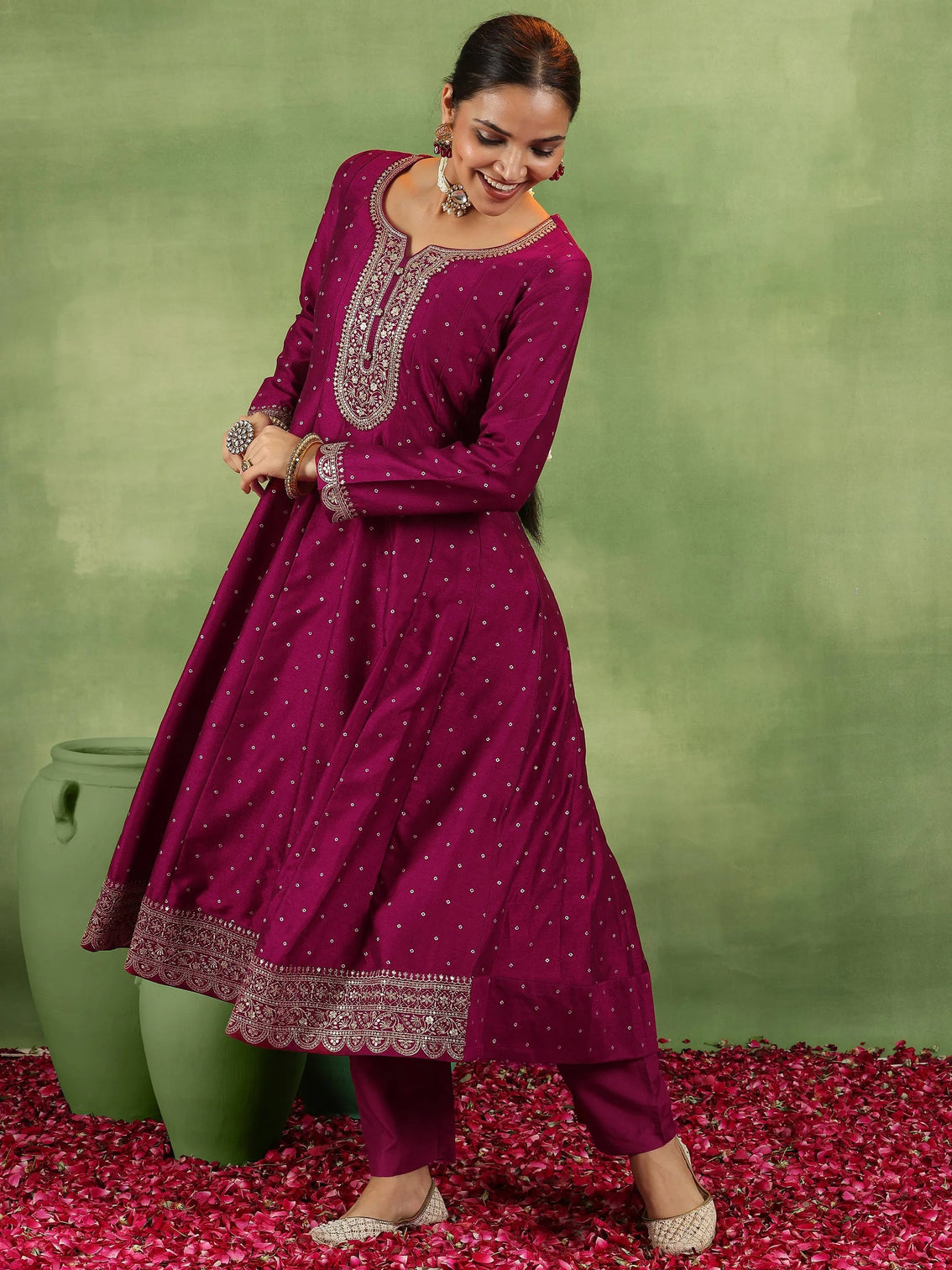 Mameraa Maroon Embroidered Silk Blend Anarkali Suit With Dupatta