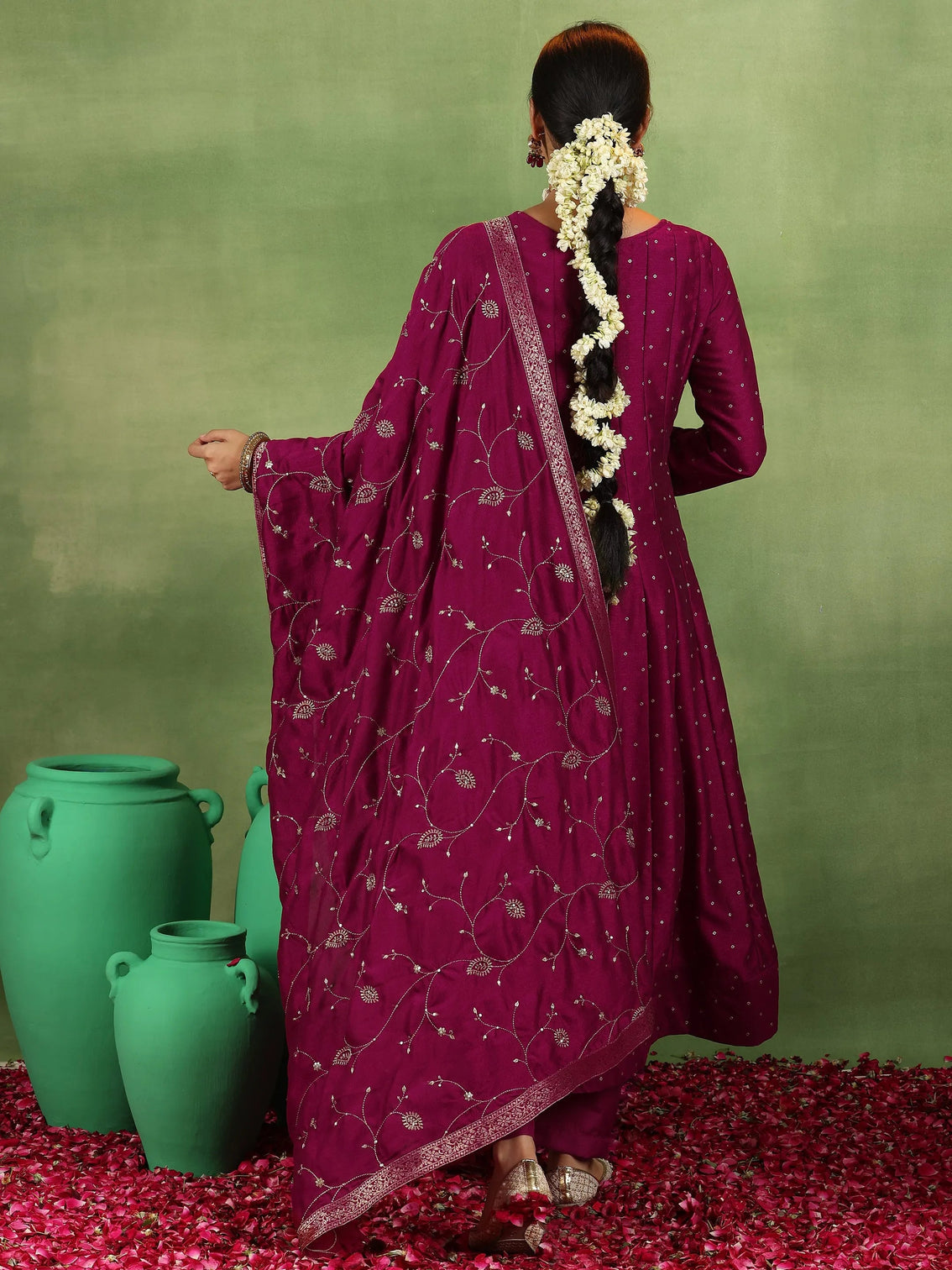 Mameraa Maroon Embroidered Silk Blend Anarkali Suit With Dupatta