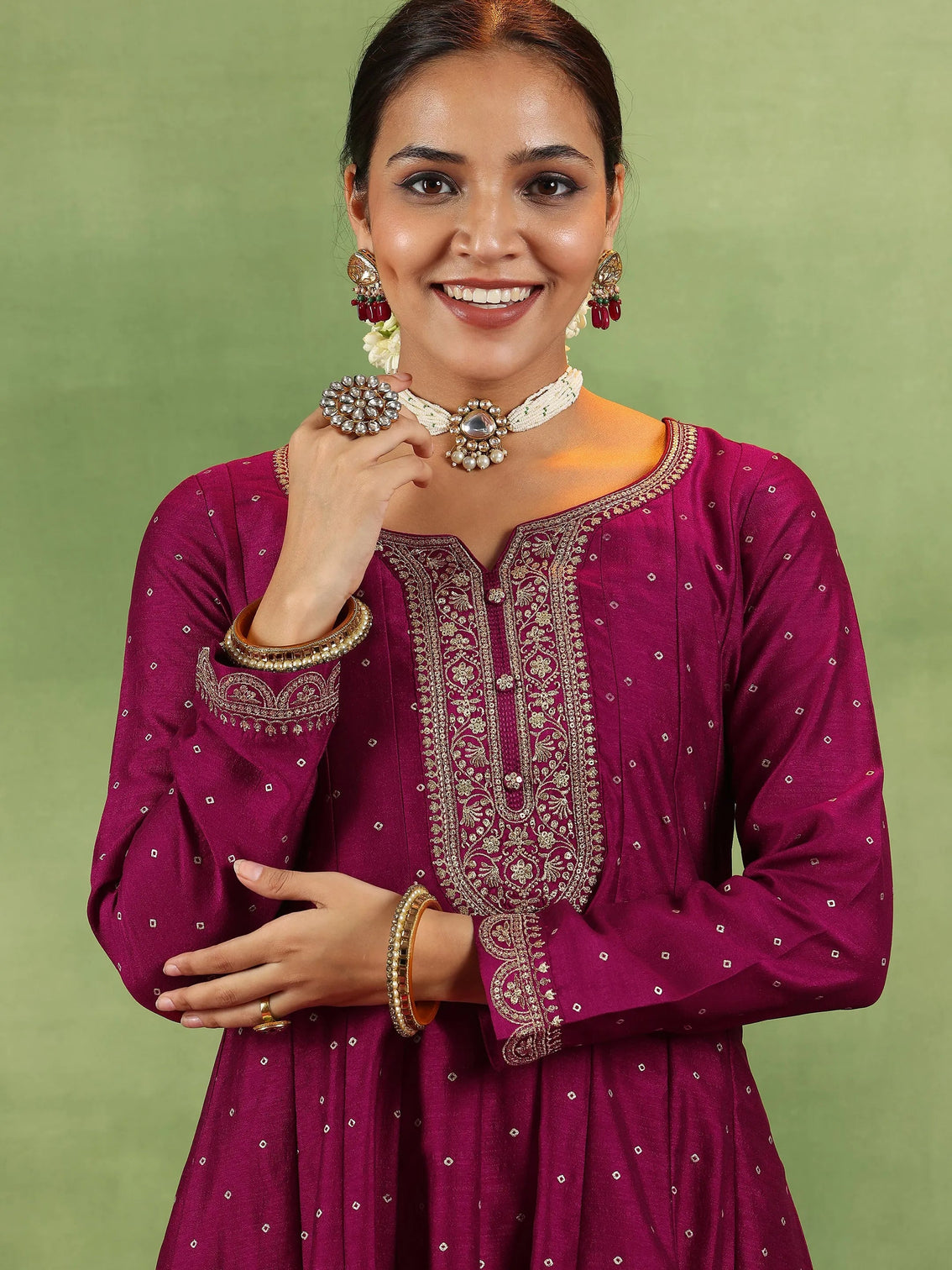 Mameraa Maroon Embroidered Silk Blend Anarkali Suit With Dupatta