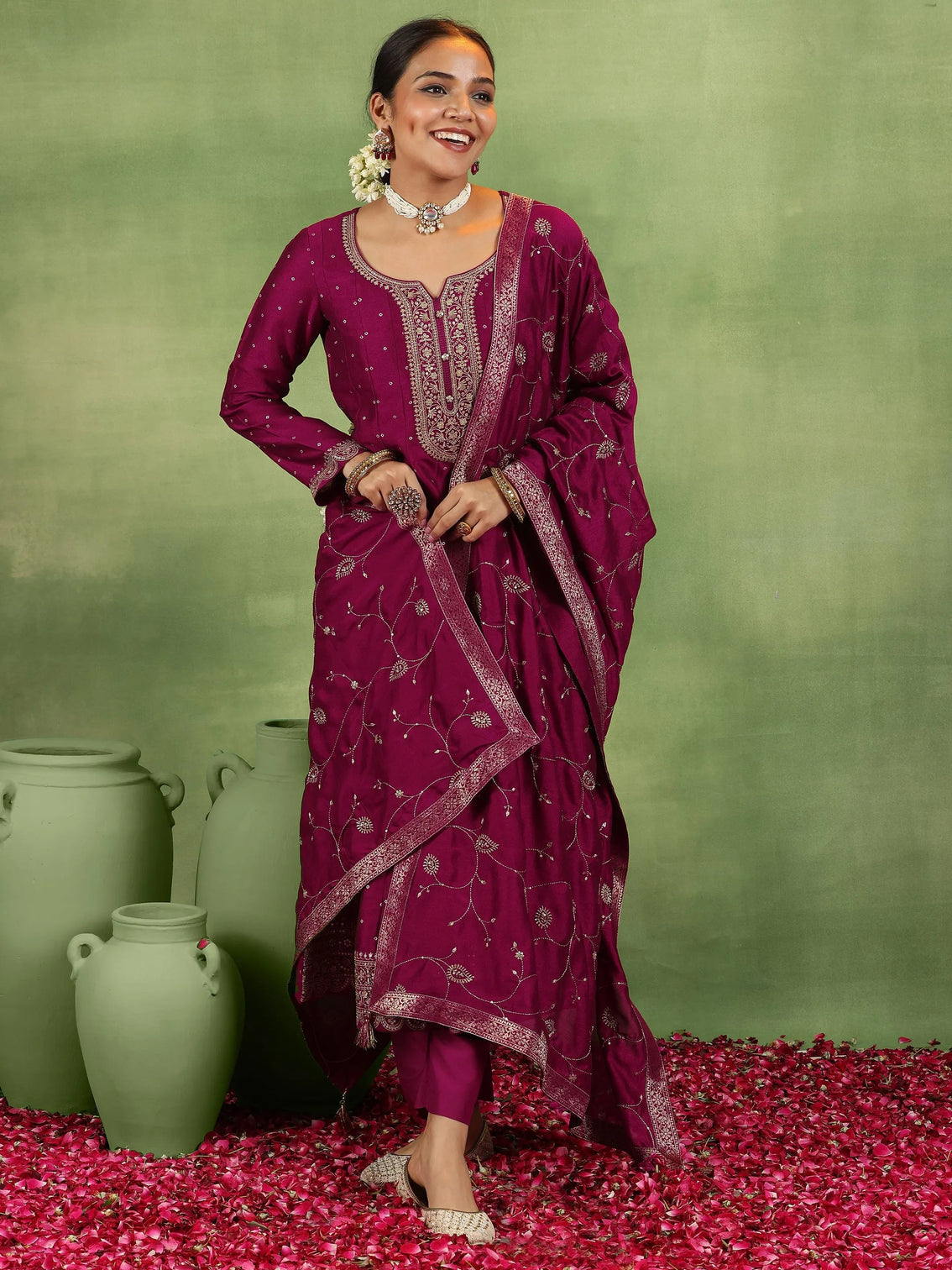 Mameraa Maroon Embroidered Silk Blend Anarkali Suit With Dupatta