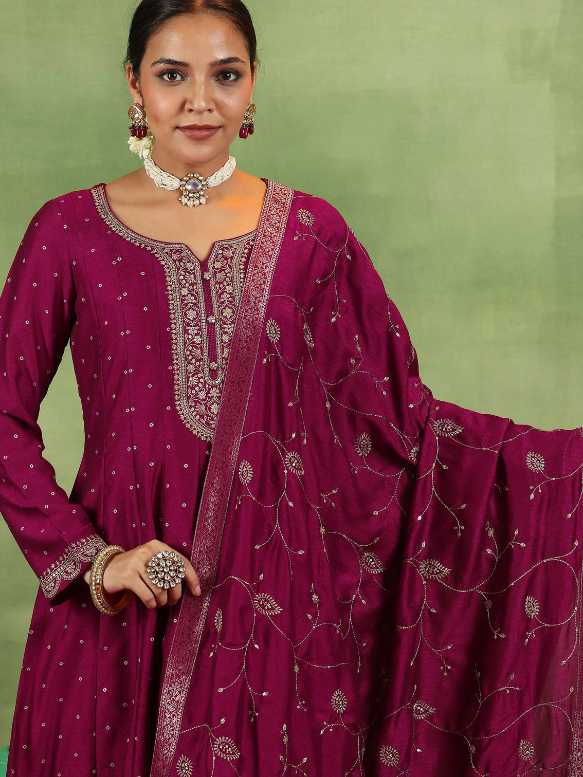 Mameraa Maroon Embroidered Silk Blend Anarkali Suit With Dupatta