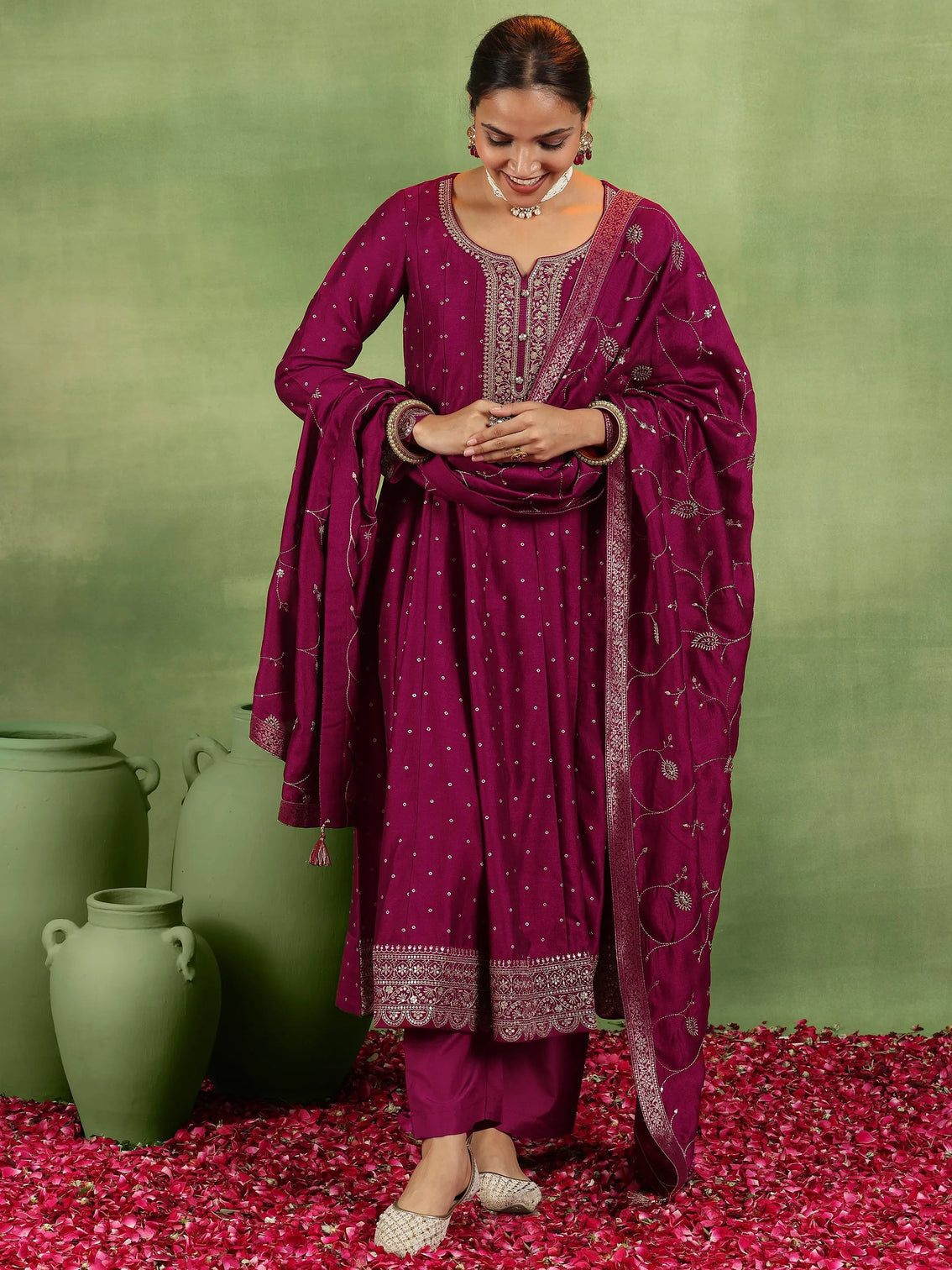 Mameraa Maroon Embroidered Silk Blend Anarkali Suit With Dupatta