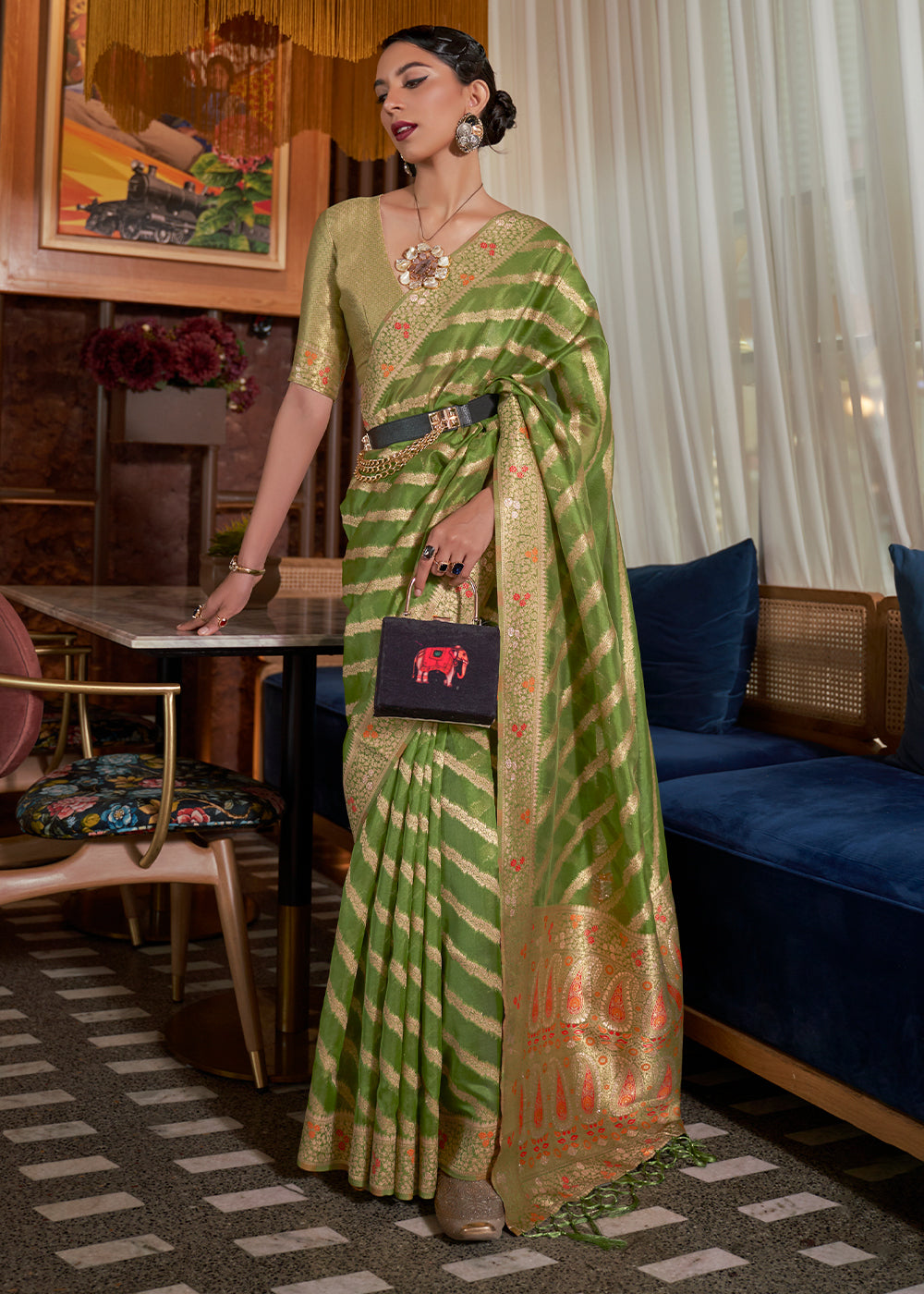 Avocado Green Two Tone Meenakari Weaving Organza Silk Saree