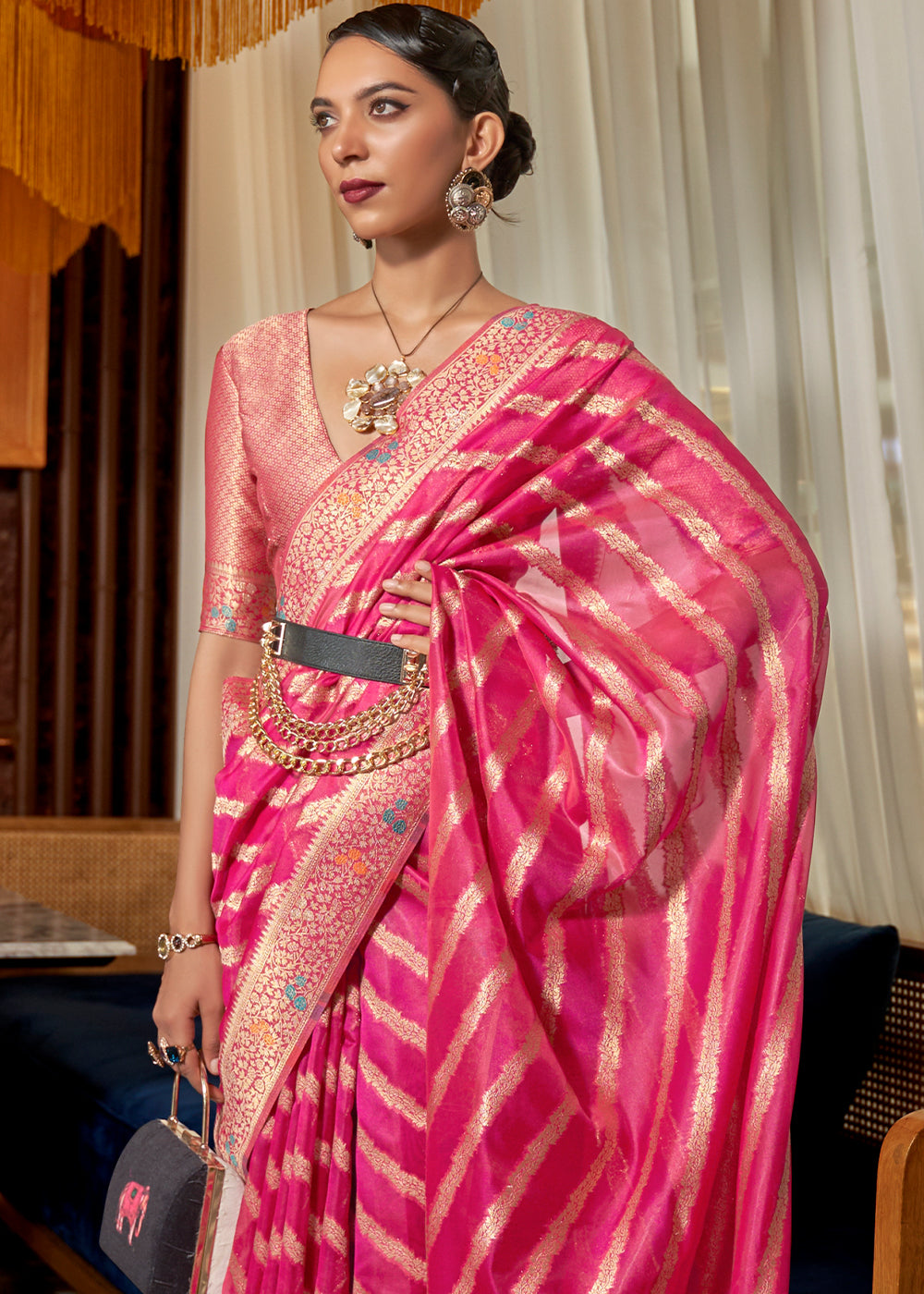 Bright Pink Two Tone Meenakari Weaving Organza Silk Saree