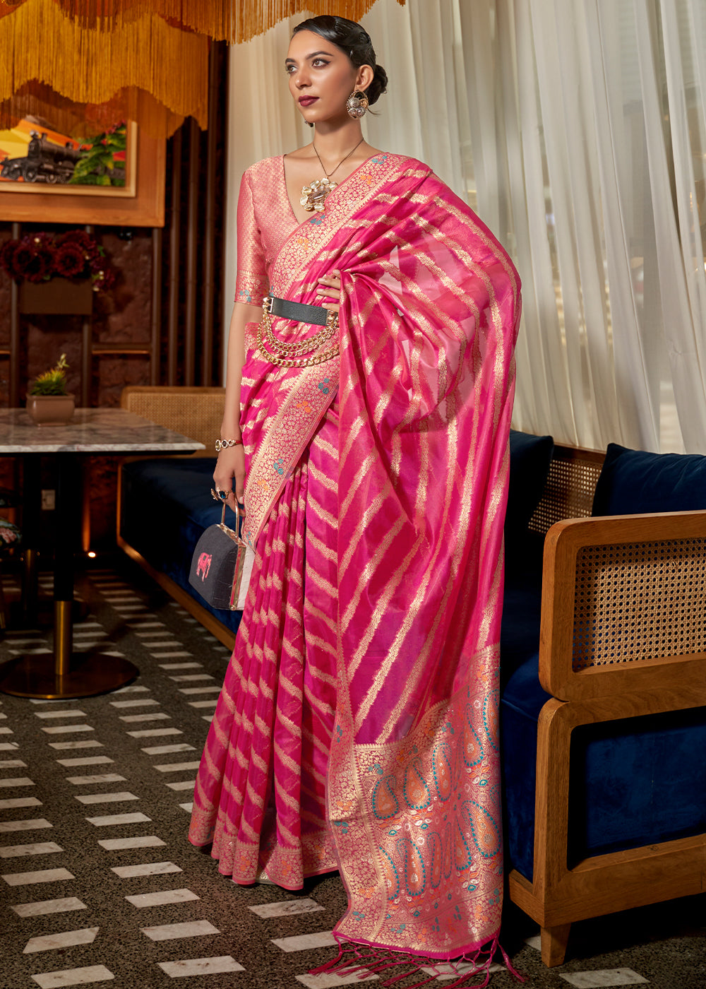 Bright Pink Two Tone Meenakari Weaving Organza Silk Saree