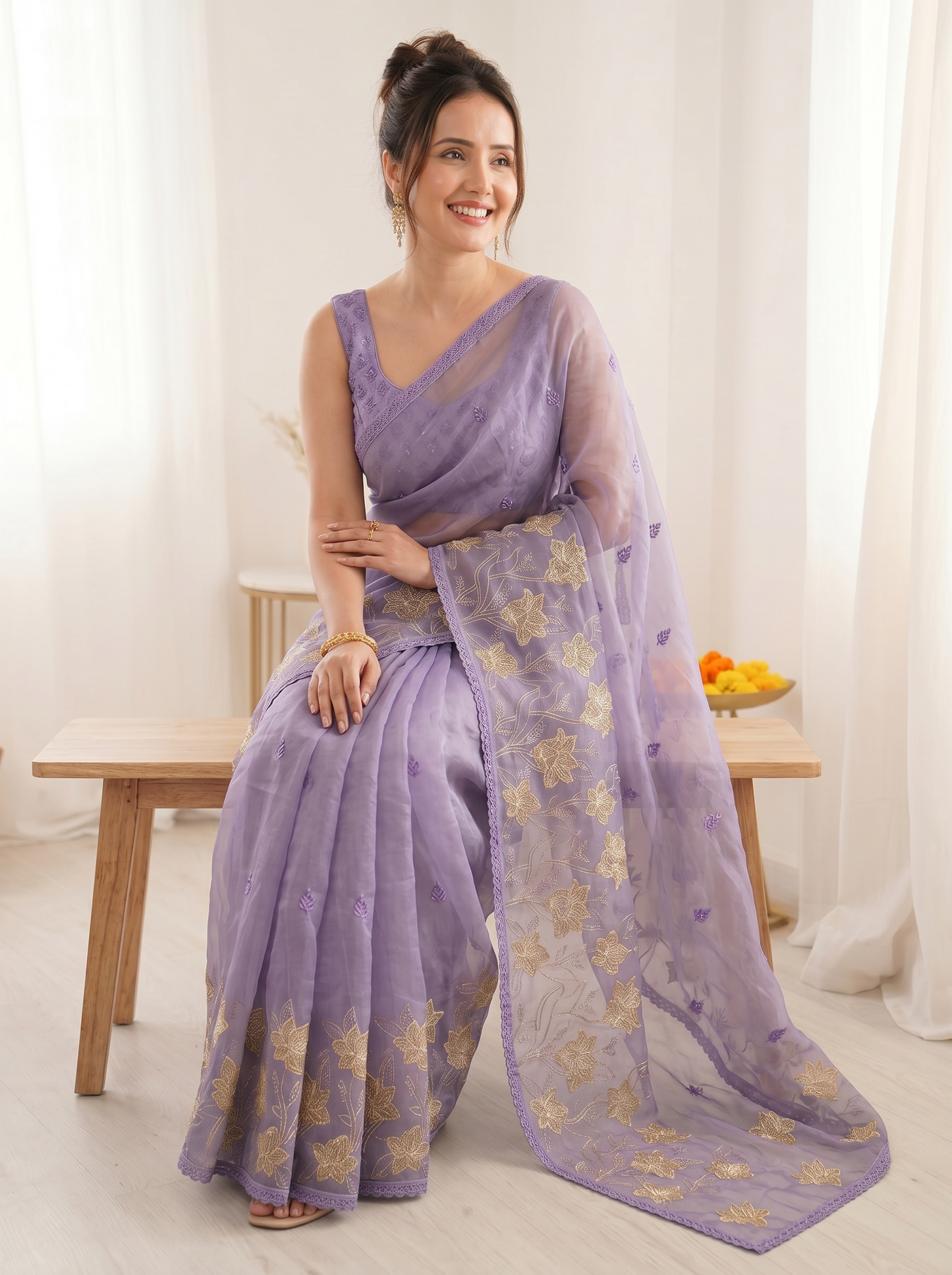 Lavender Pure Oris Silk Saree with Embroidered Lotus Buttis & Applique Border