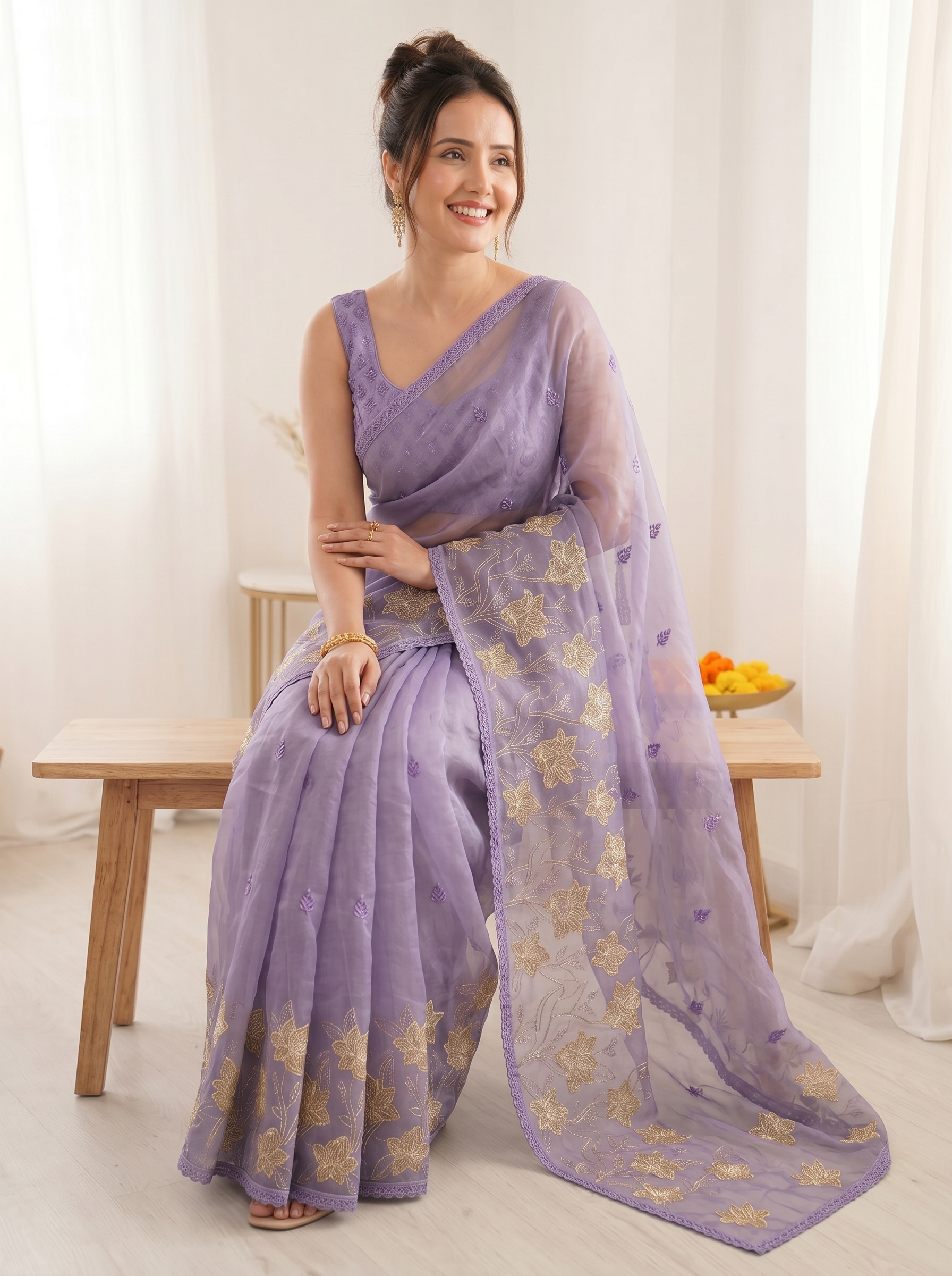 Lavender Pure Oris Silk Saree with Embroidered Lotus Buttis & Applique Border