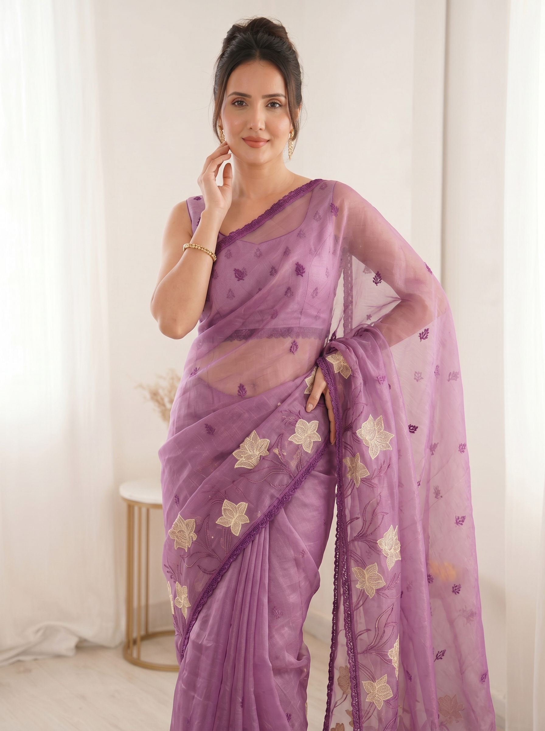 Pink Pure Oris Silk Saree with Embroidered Lotus Buttis & Applique Border
