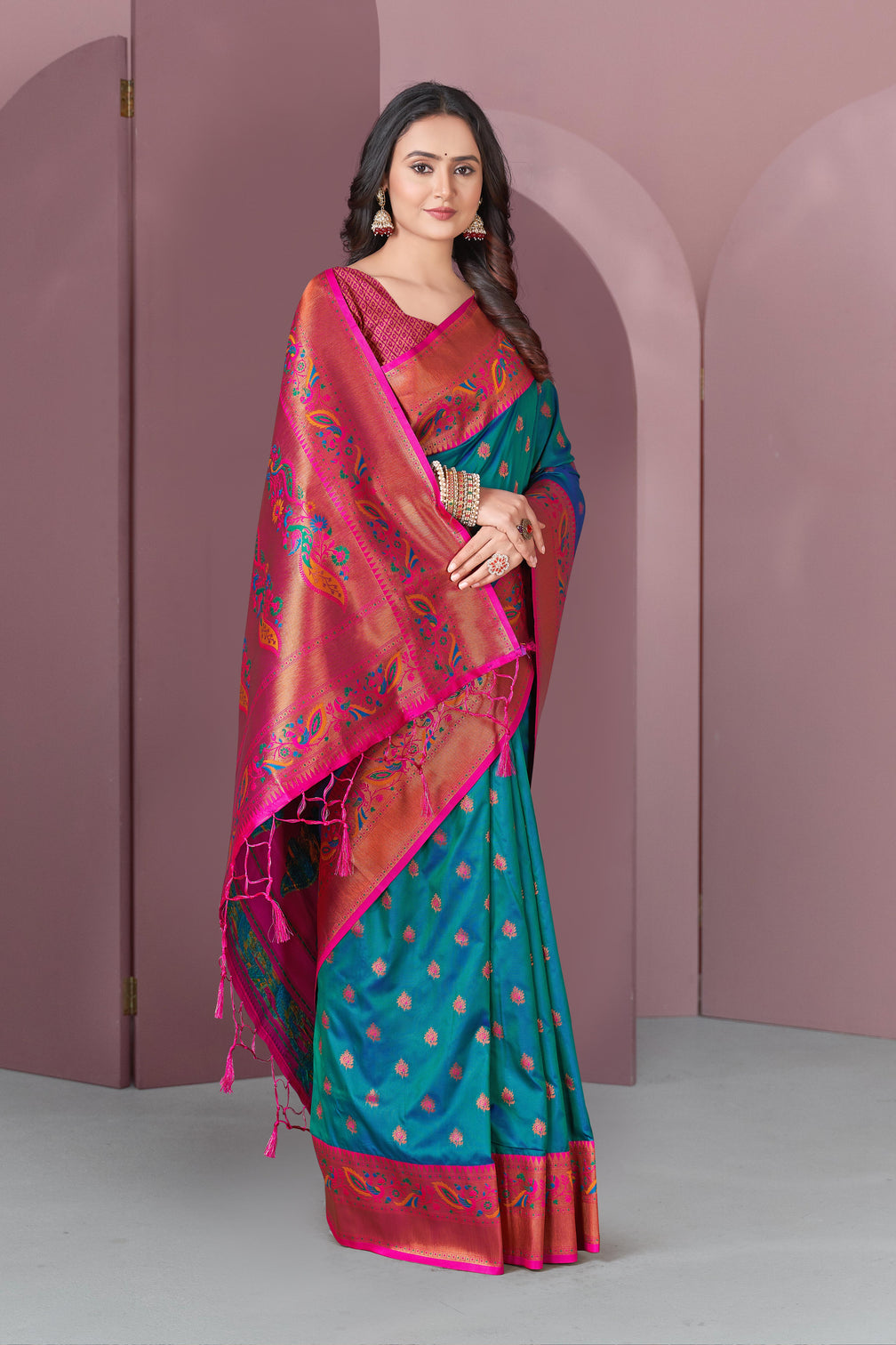 Green with pink original meenakari paithani silk zari woven saree
