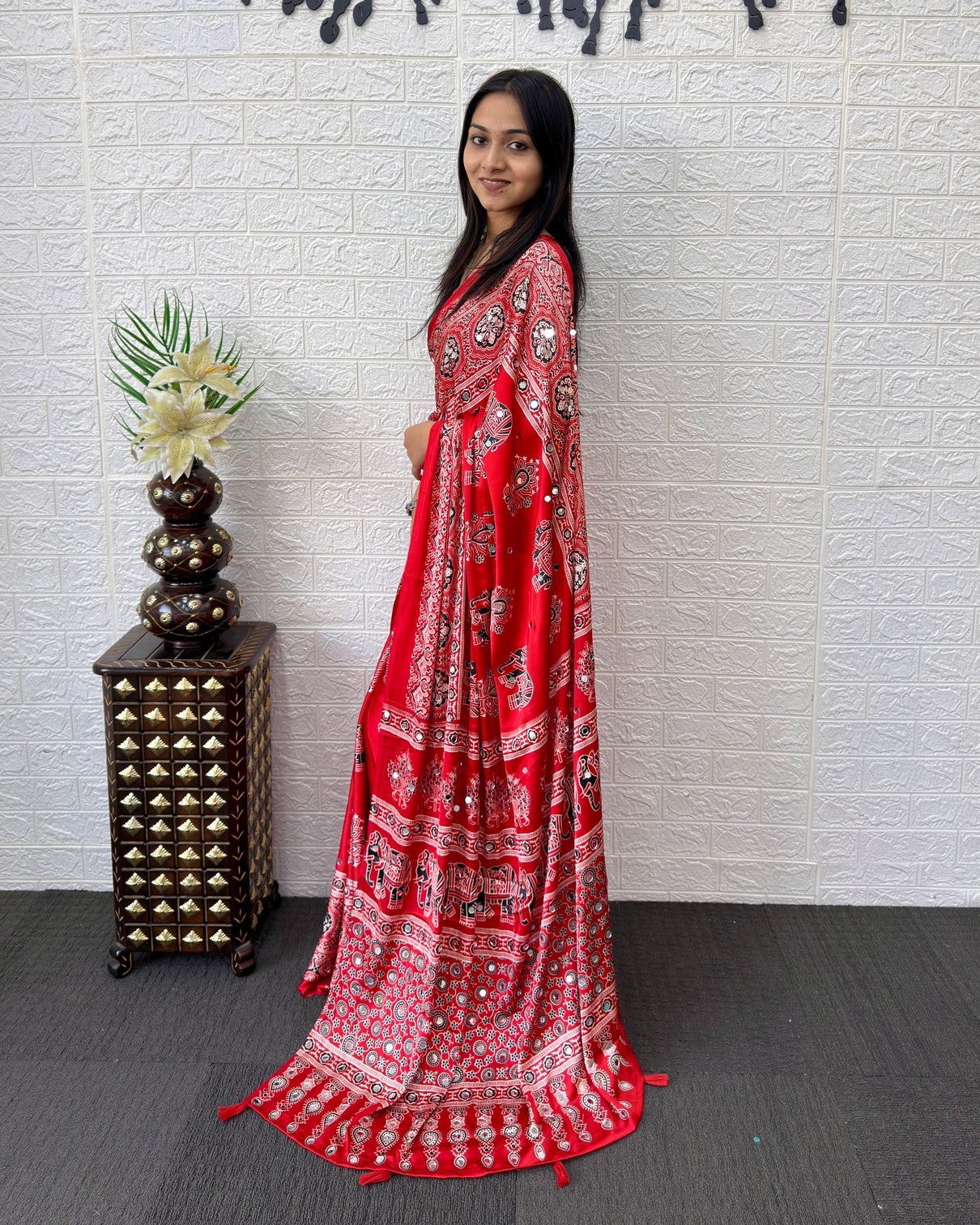 Rust red modal silk saree with elephant motif ajrakh print designer pallu traditional ethnic festive wear saree