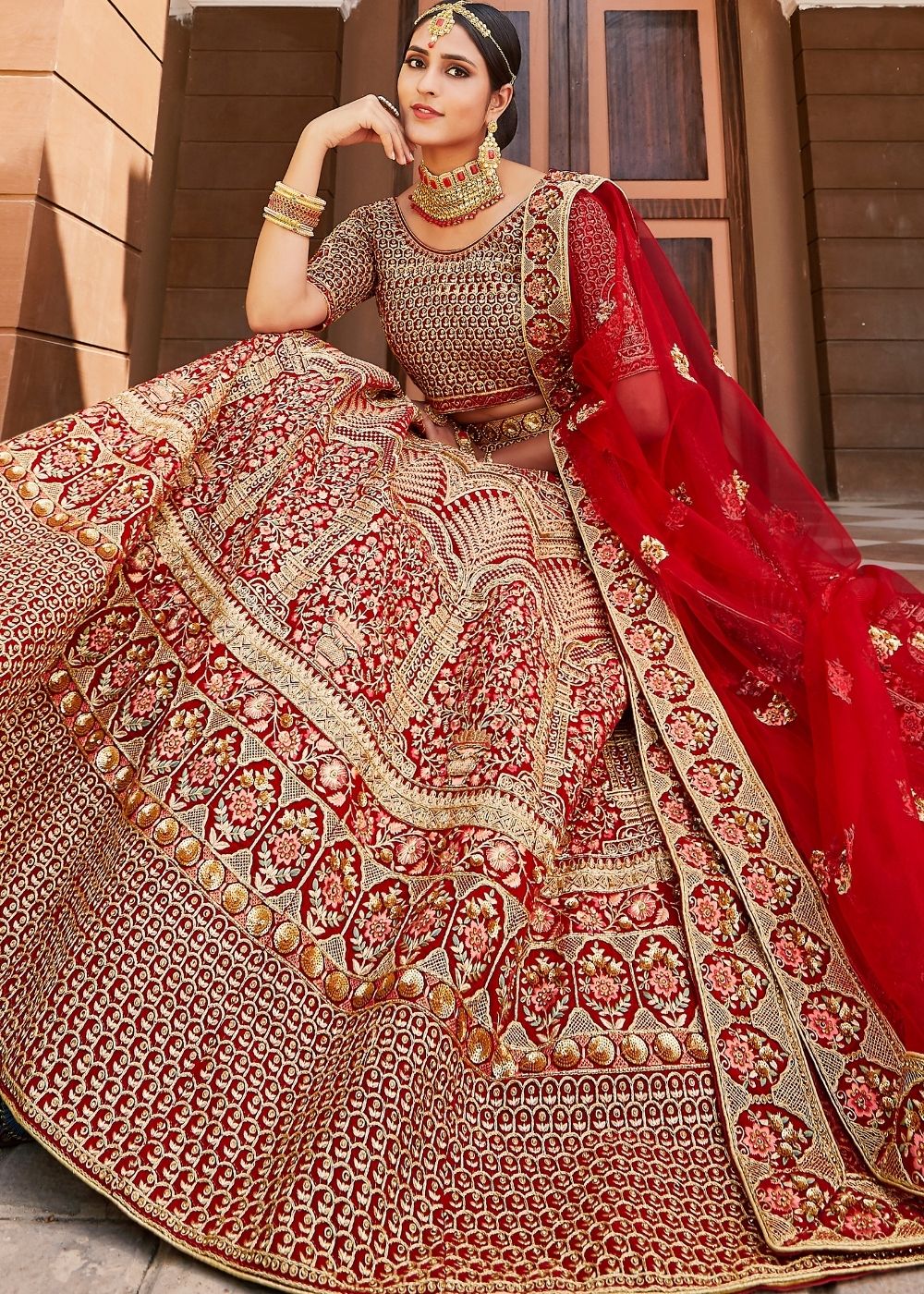Crimson Red Velvet Bridal Lehenga Choli with Embroidery & Hand work